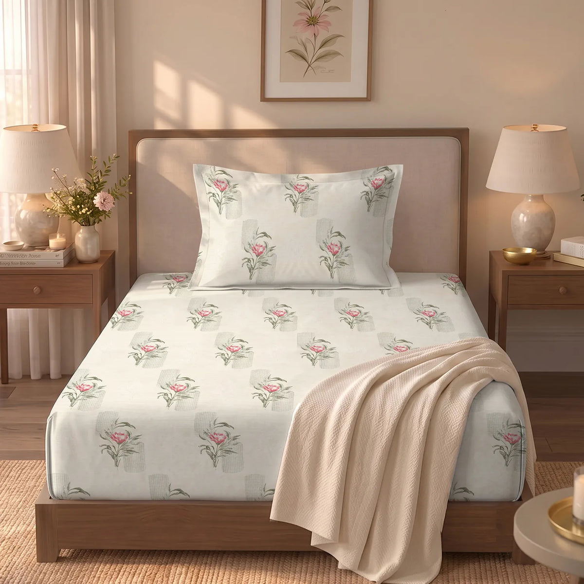Serene 300 TC 100% Cotton Single Bedsheet with Pillow Covers - Winter Breeze Buttercream