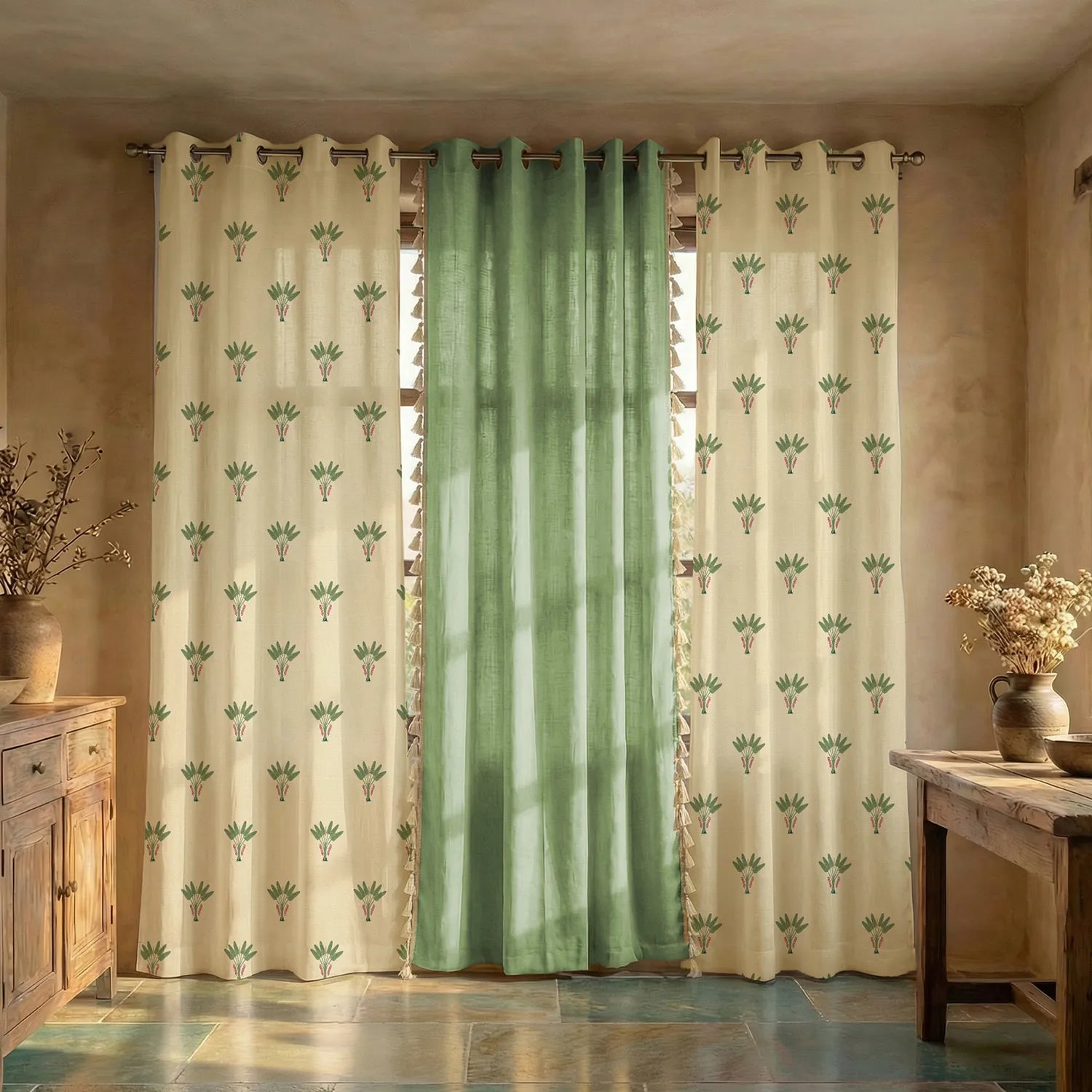 Cotton Curtains Combo, Set of 3 curtains, 60-65% Room Darkening Curtain - Palm Lagoon Green & Aura Green