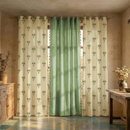 Cotton Curtains Combo, Set of 3 curtains, 60-65% Room Darkening Curtain - Palm Lagoon Green & Aura Green