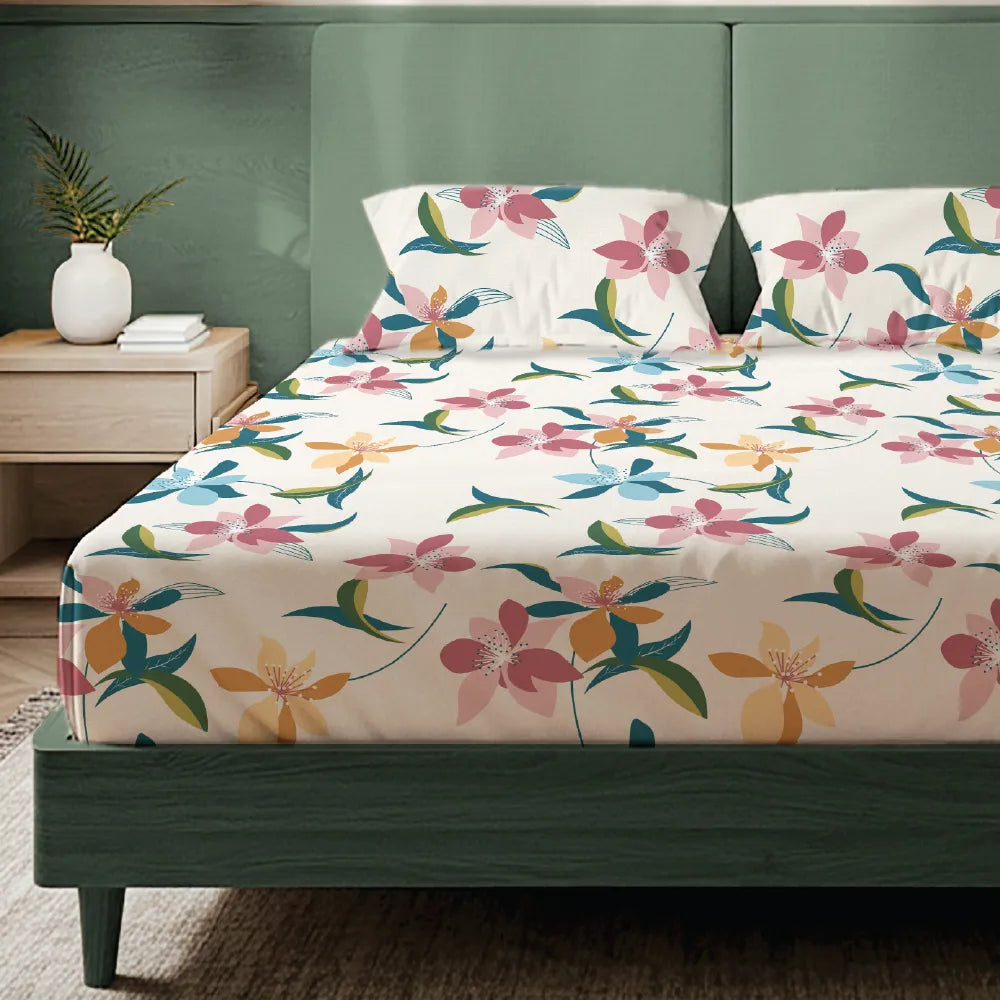 200 TC Glaced Cotton Microfiber Bedsheet with Pillow Covers - Bloomingdale