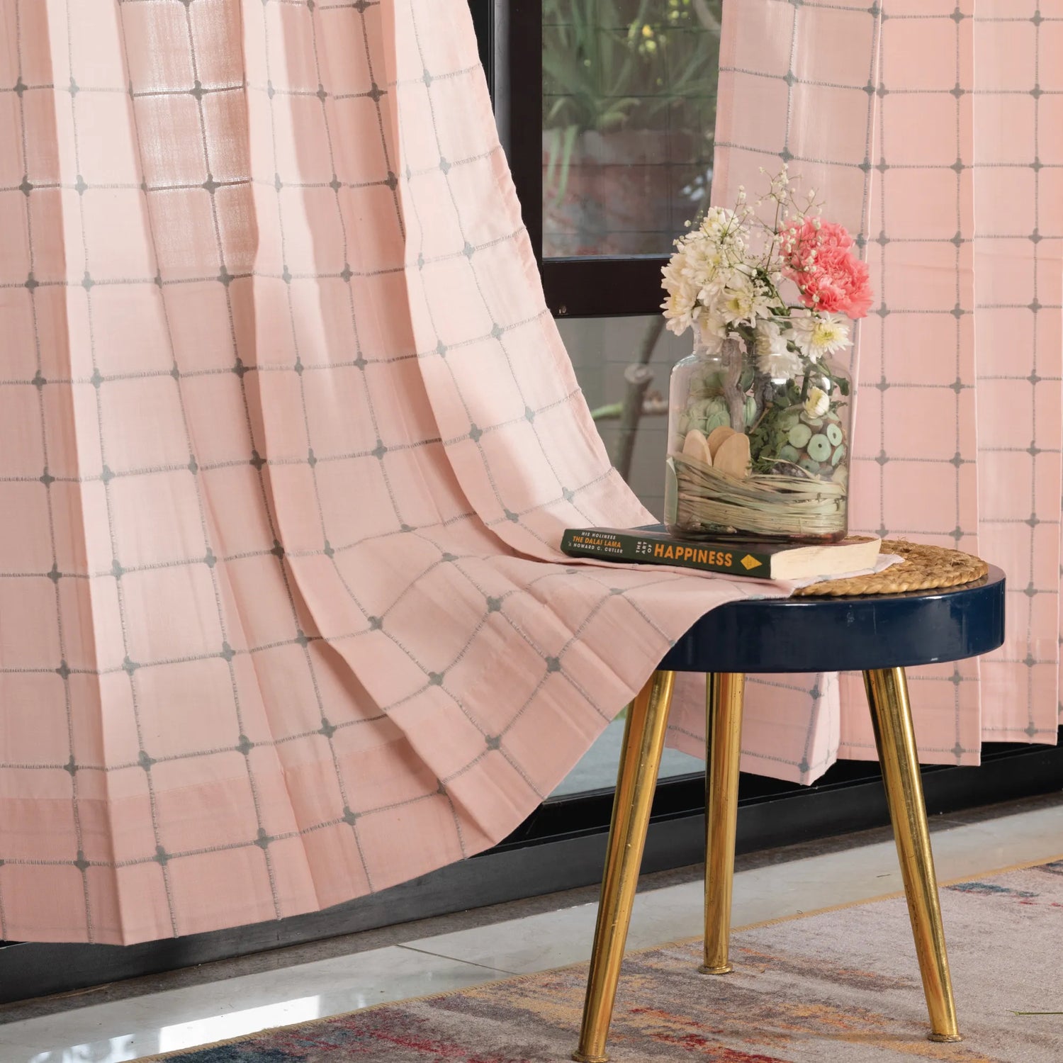 Pixel Checks Light Pink Embroidered Cotton Curtains – Set of 2