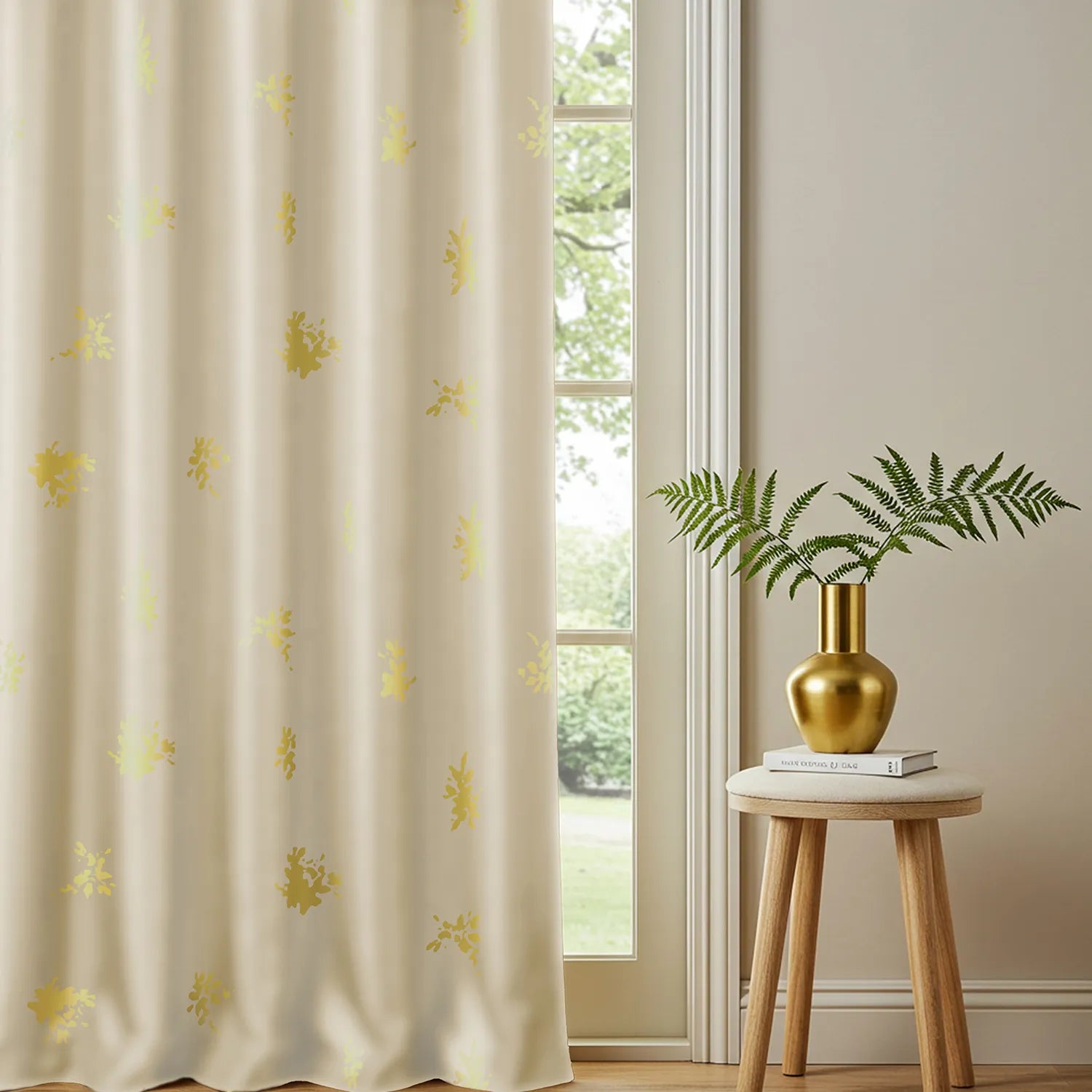 Metallic Foil Printed 100% Blackout Curtains - Pack of 1 Curtain - Crackle Beige