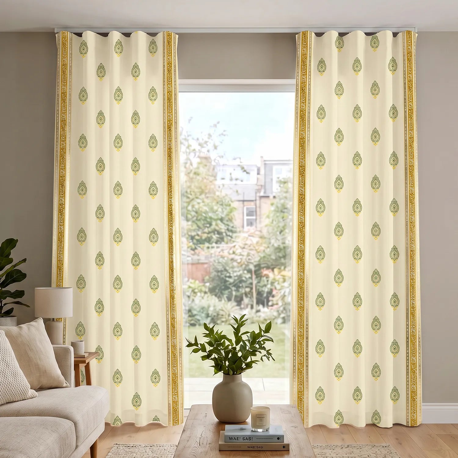 100% Cotton Curtains for Living Room, Bedroom curtains with Track Channel - Pack of 2 curtains, Zari Buta Sage Green Gold