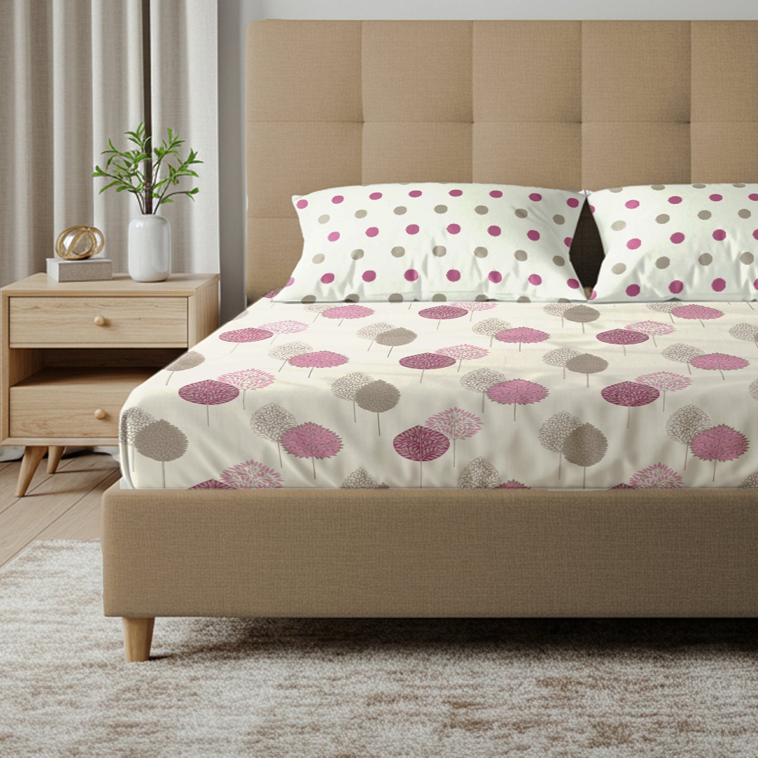 Serene 200 TC 100% Cotton Bedsheet with Pillow Covers - Drops Pink