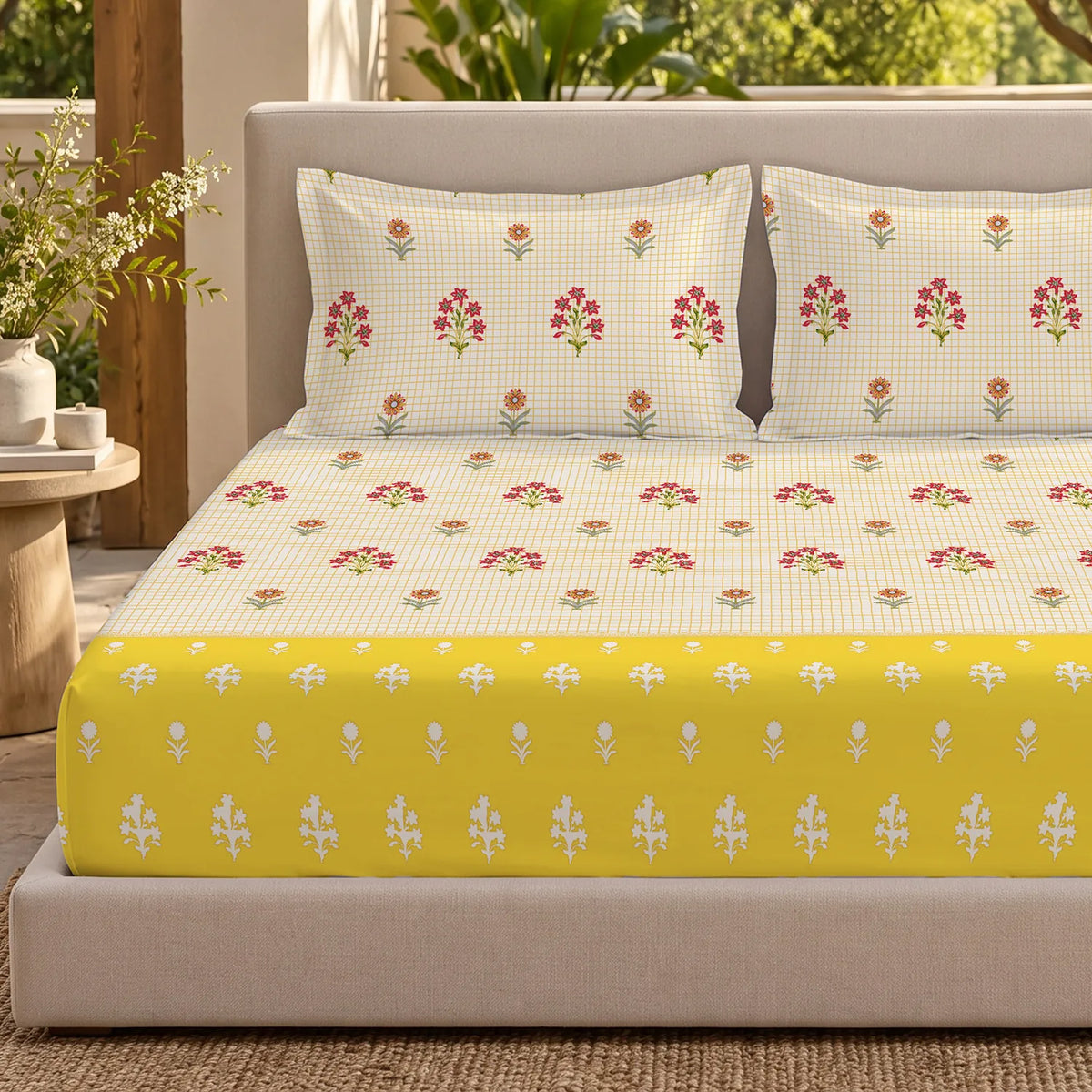 Divine Collection - Cotton Bedsheet With 2 Pillow Covers, Magnolia Yellow
