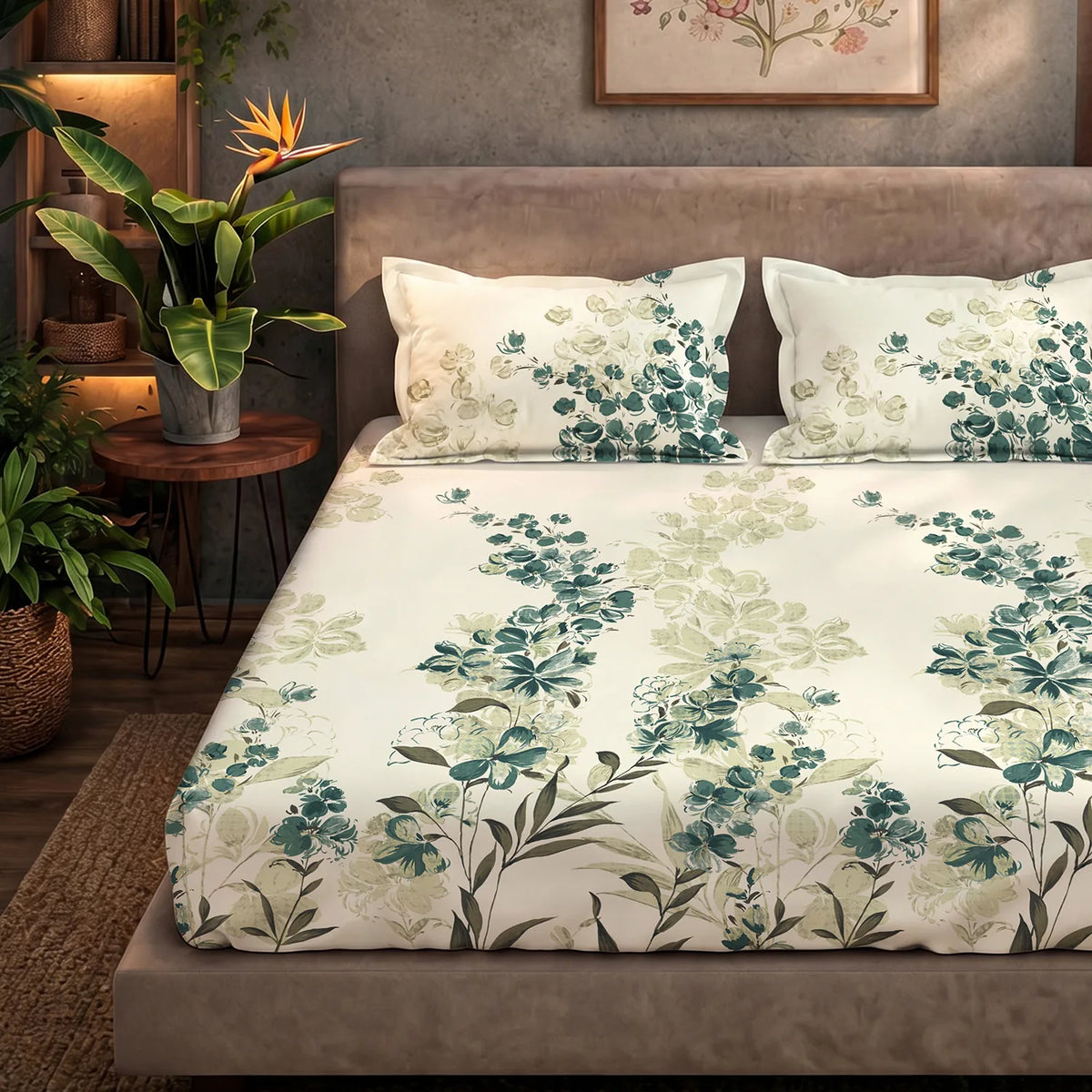 Serene 200 TC 100% Cotton Printed Bedsheet with Pillow Covers - Majestic Green