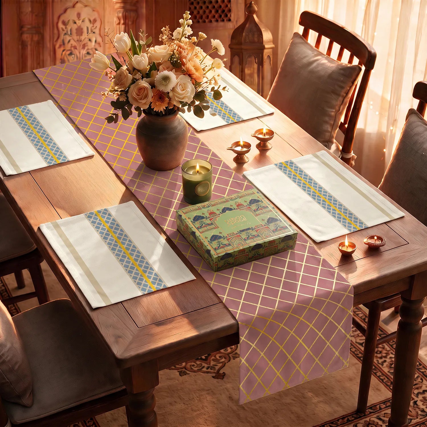 Table Runner and Set of 4 Placemats in Giftbox with Premium Scented Candle - Zari Jaal Dusty Pink Gold