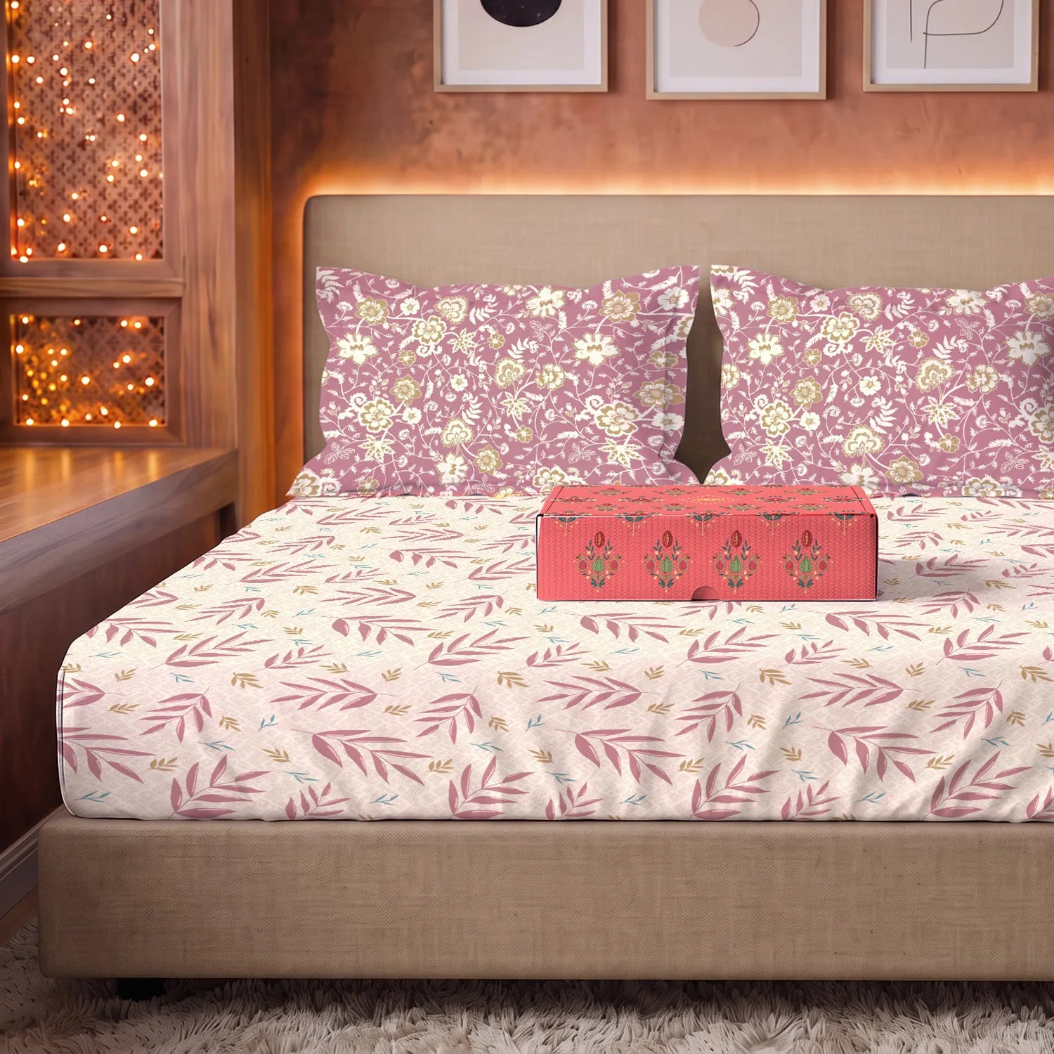 144 TC 100% Cotton Bedsheet Set in Gift Box - Raina Mauve