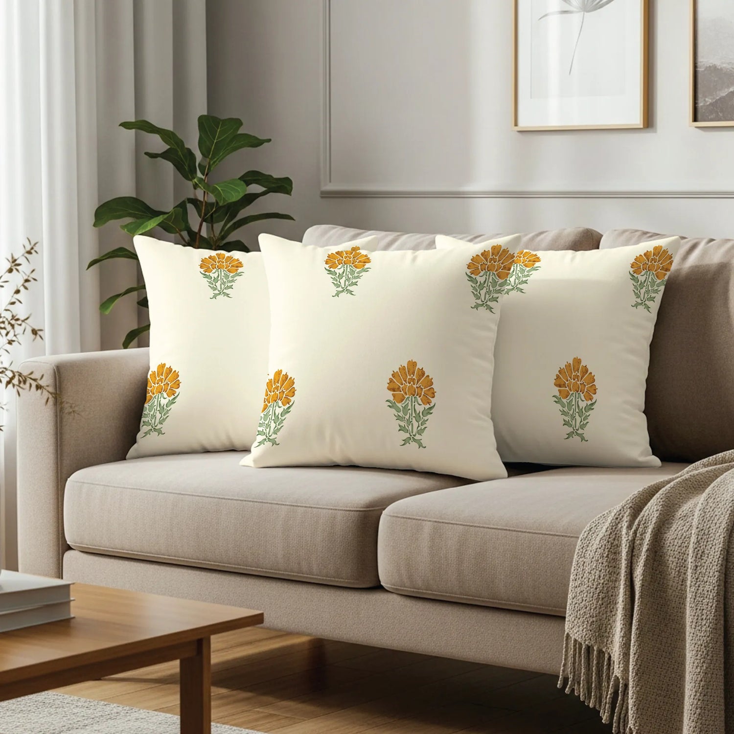 Cotton Cushion Covers, Throw pillow for couch- Marigold Yellow