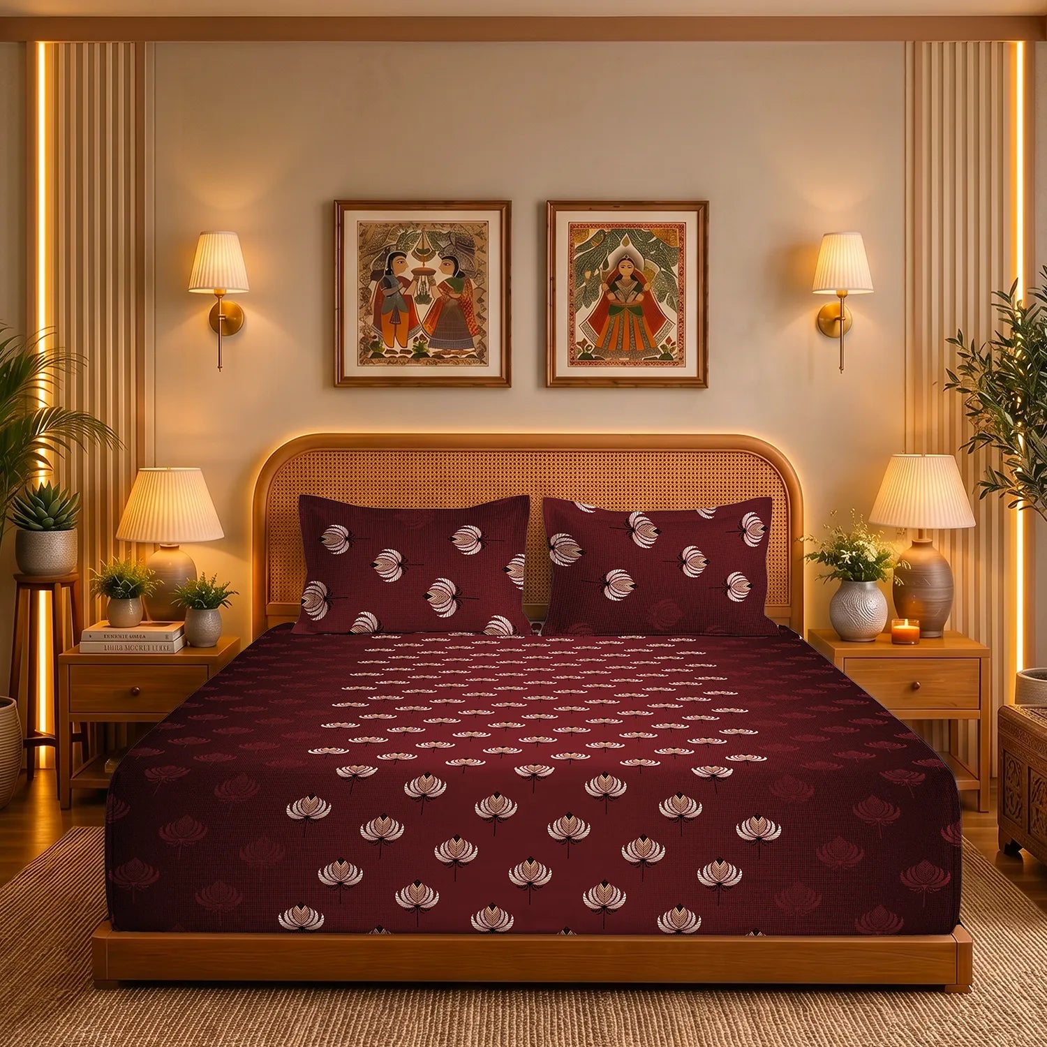 Serene 200 TC 100% Cotton Bedsheet with Pillow Covers - Midnight Lotus Deep Maroon