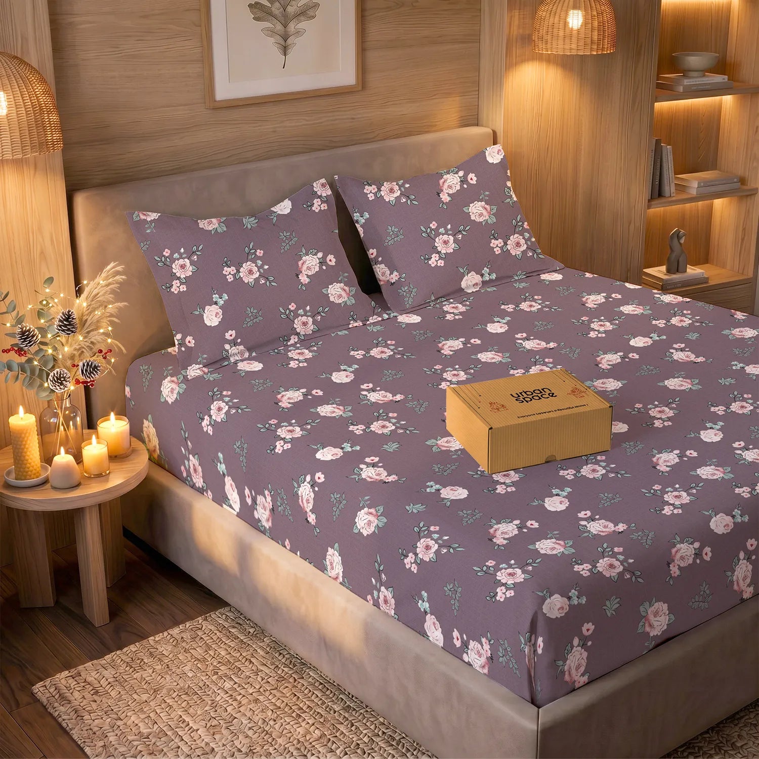 200 TC Glaced Cotton Microfiber Bedsheet in Giftbox with Pillow Covers - Moonlit Blooms