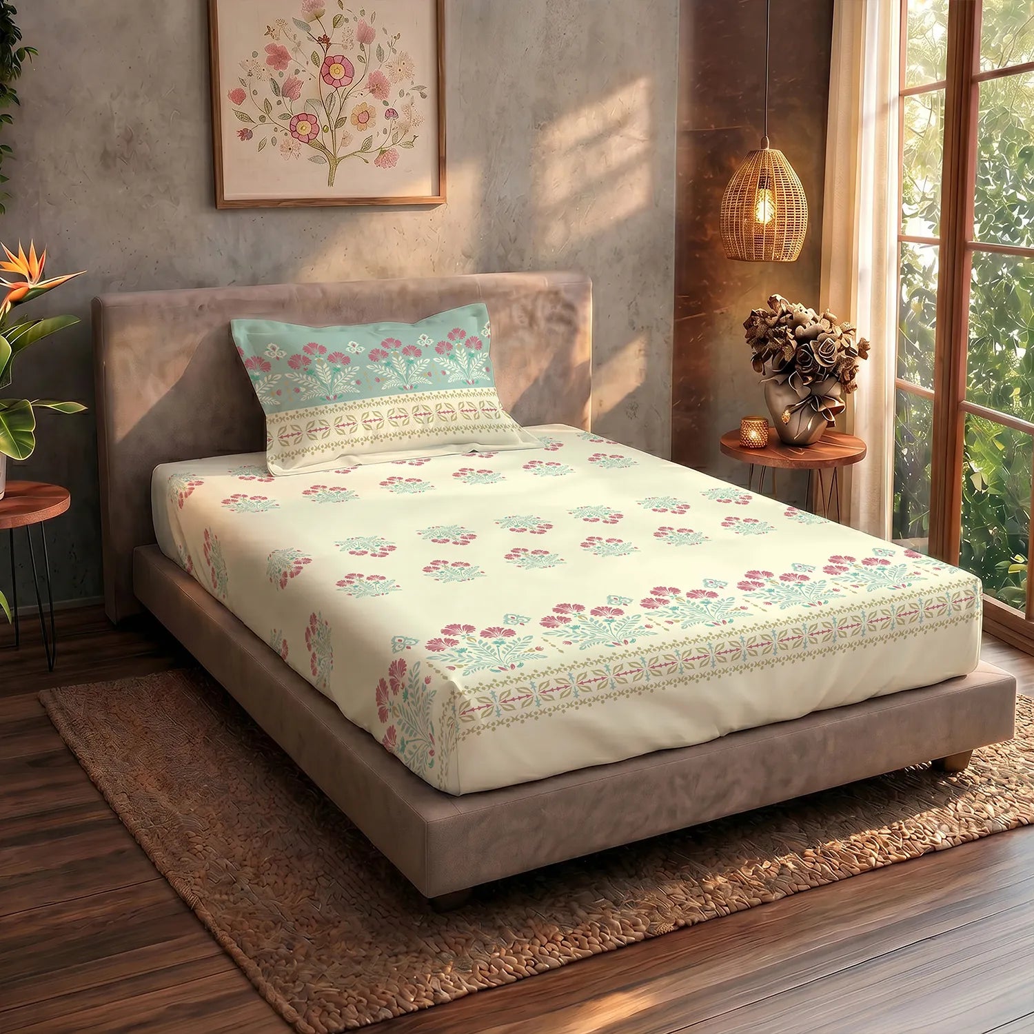 Serene 200 TC 100% Cotton Single Bedsheet with Pillow Covers - Malhaar Dusty Blue