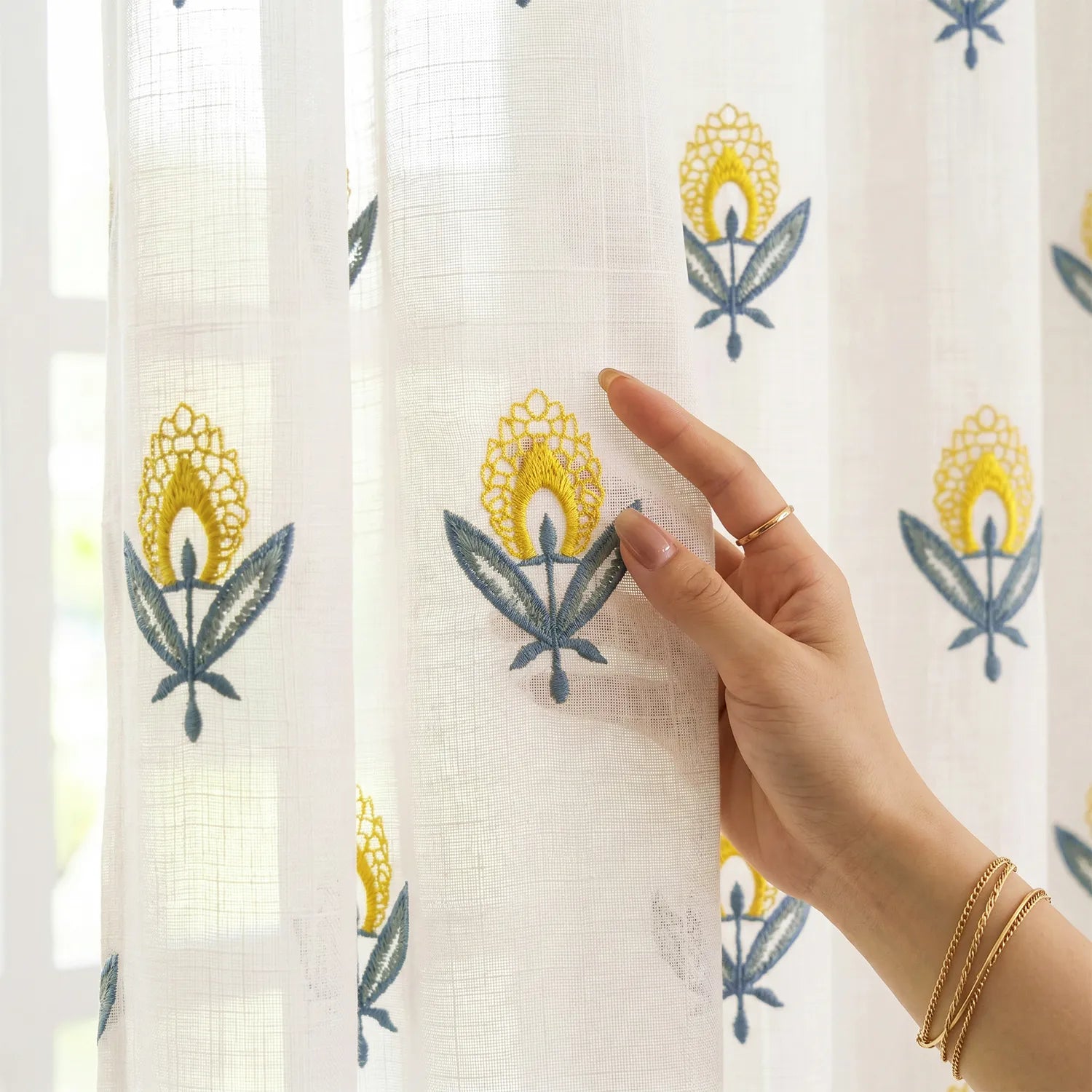 Embroidered Light Filtering Curtains, Pack of 1 - Saanjhi Yellow Teal