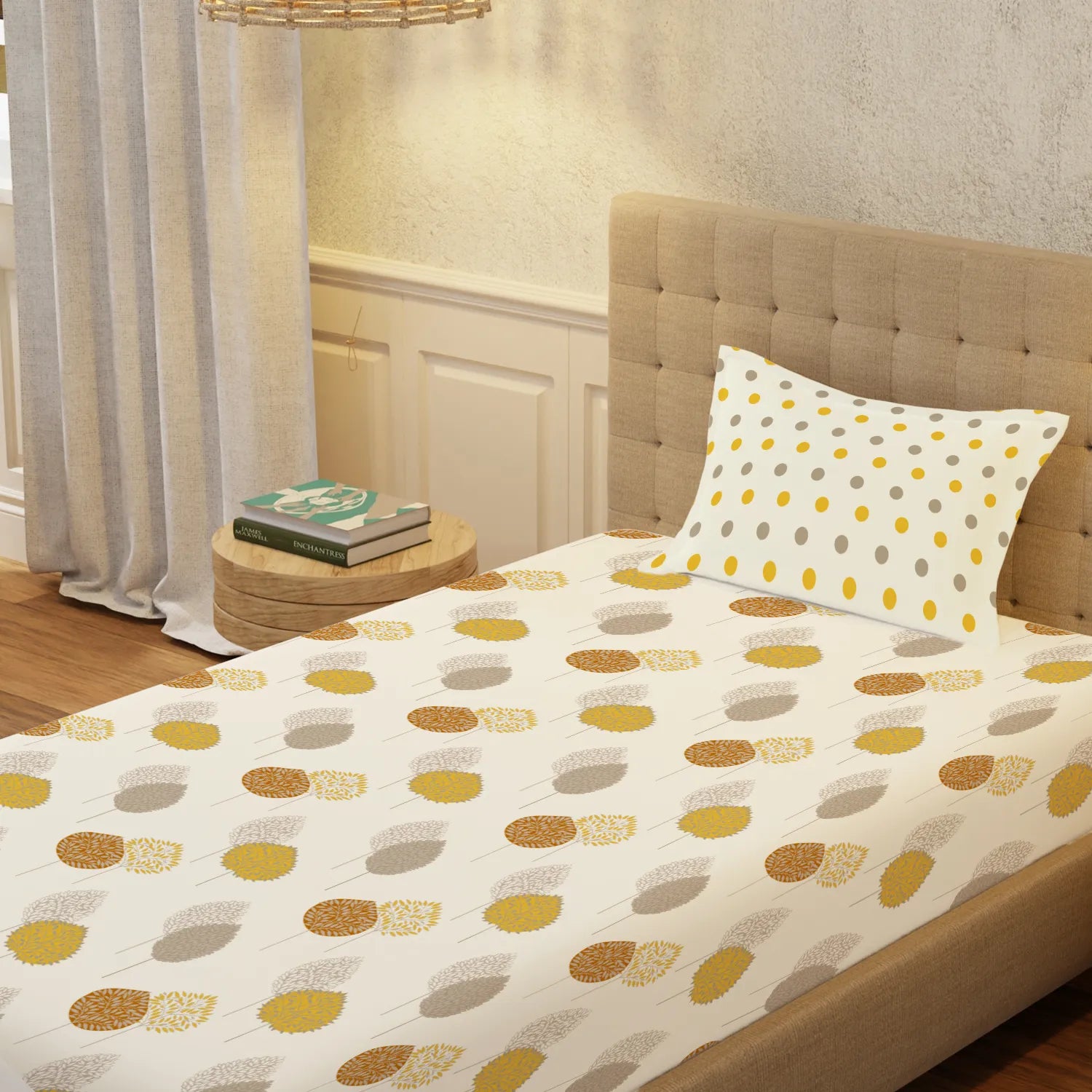 Serene 200 TC 100% Cotton Single Bedsheet with Pillow Covers - Drops Mustard
