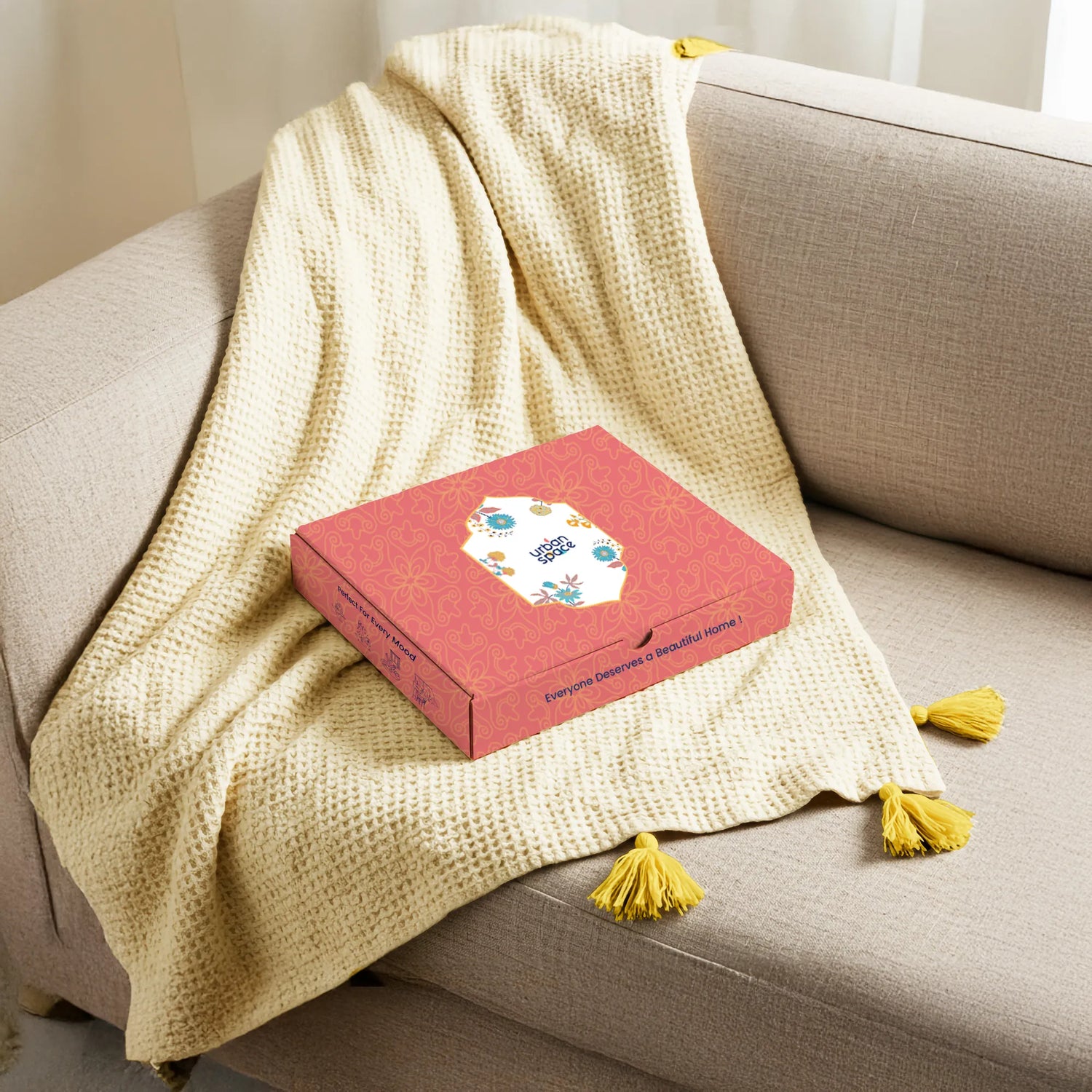 Lifestyle Throw for Couch and Travel, 100% Cotton, in Gift Box - Beige