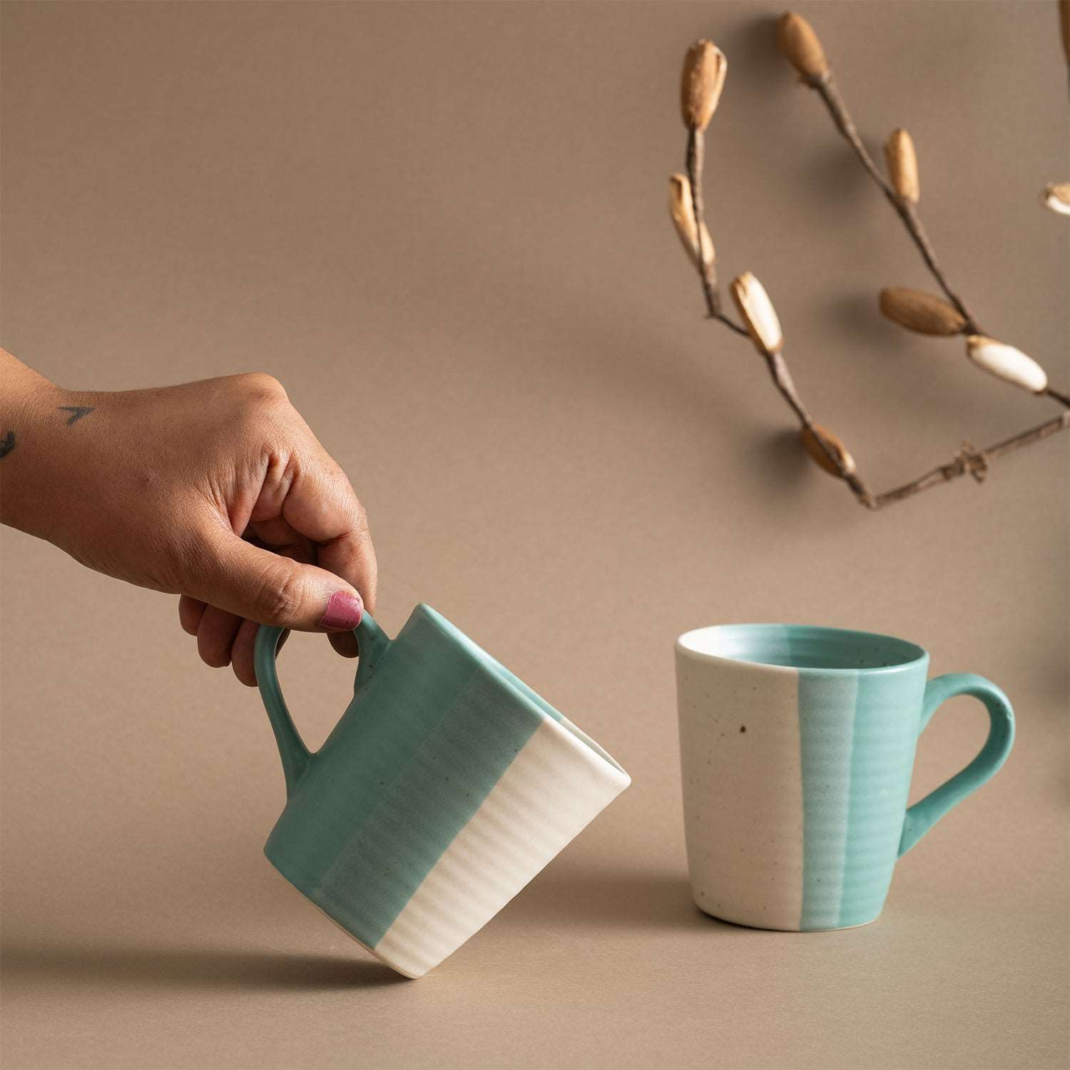 Handmade Ceramic Tea / Coffee Mugs, Set of 2, Ocean Green Pearl