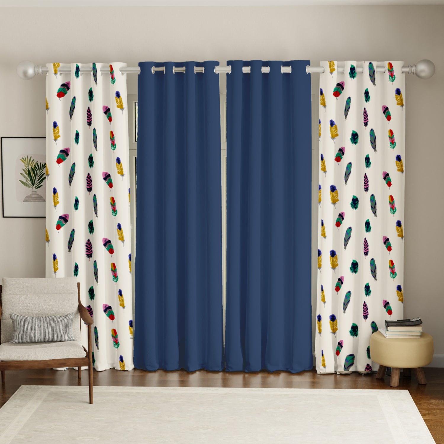 Cotton Curtains Combo, Set of 4 curtains, 60-65% Room Darkening Curtain - Dream Catcher & Aura Indigo