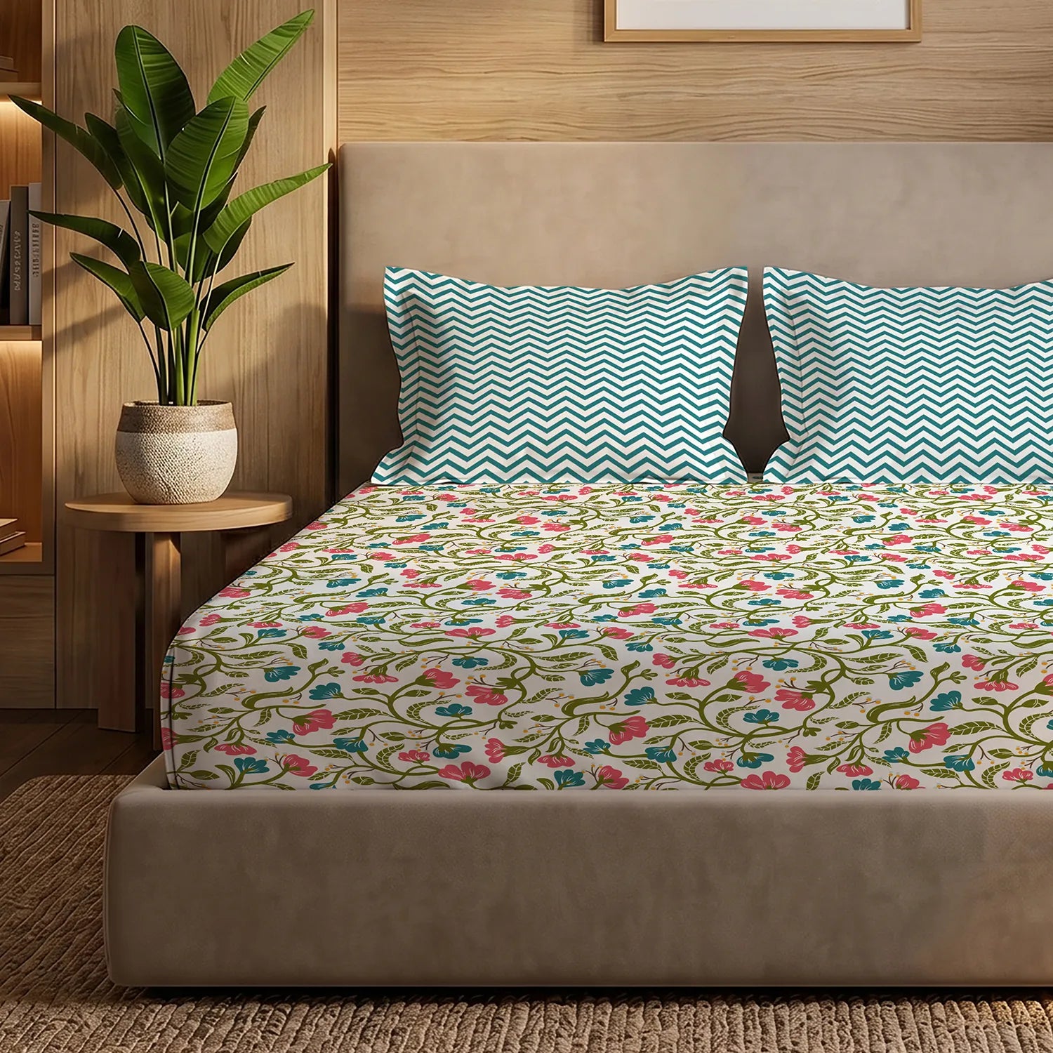200 TC Glaced Cotton Microfiber Bedsheet with Pillow Covers - Kashmir Pink & Blue