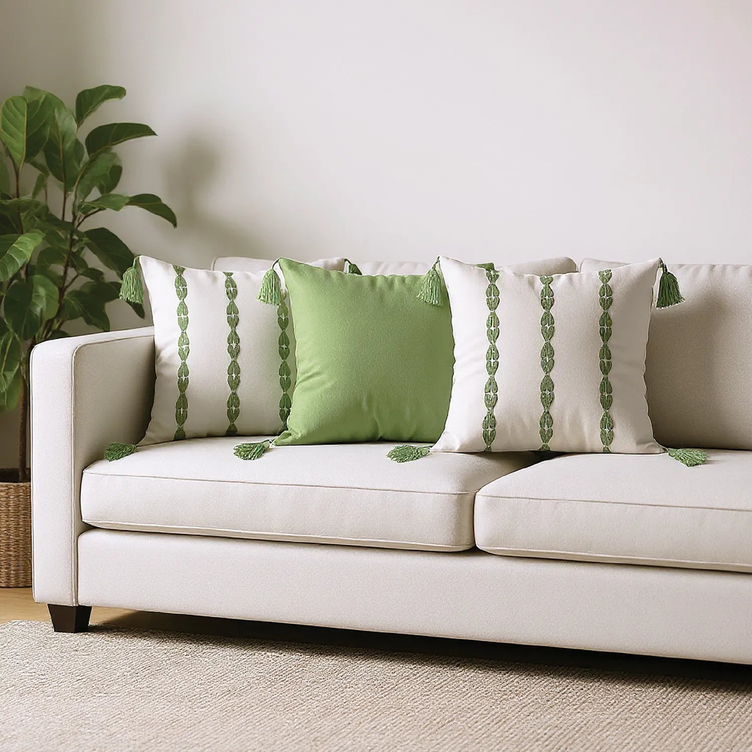 Embroidered Cotton Cushion Cover, for Sofa, Bedroom, Living Room - Set of 3 - Aura Sage Green