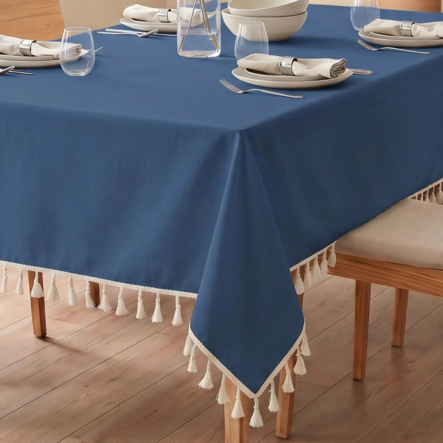 100% Cotton Table Cover with Tassels for 4 or 6 seater Dining Table- Aura Indigo