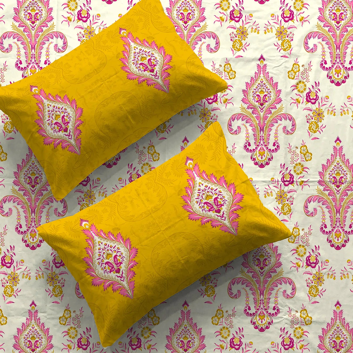 Divine Collection - Cotton Bedsheet With 2 Pillow Covers, Motif Mustard