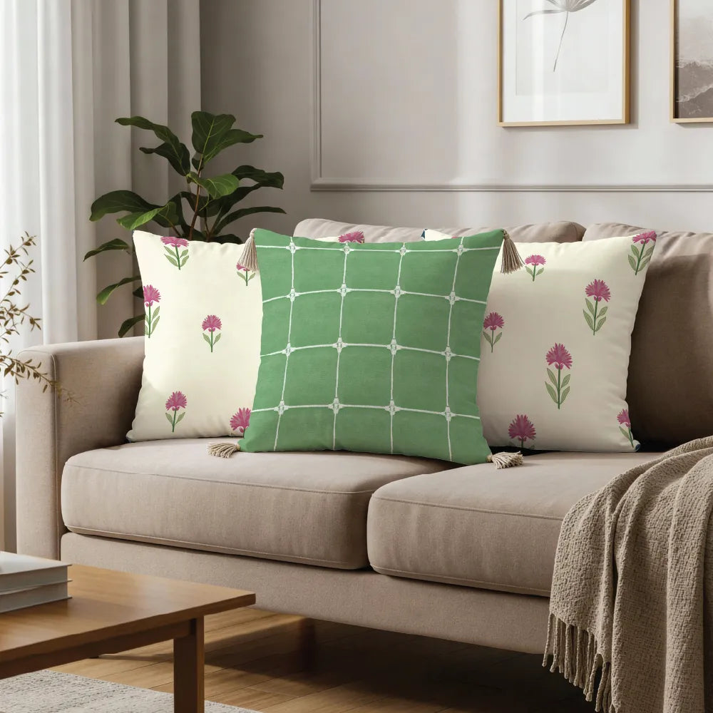 Cotton Cushion Covers, Throw Pillow for Couch - Aster Pink & Aura Checks Green with White Tassels