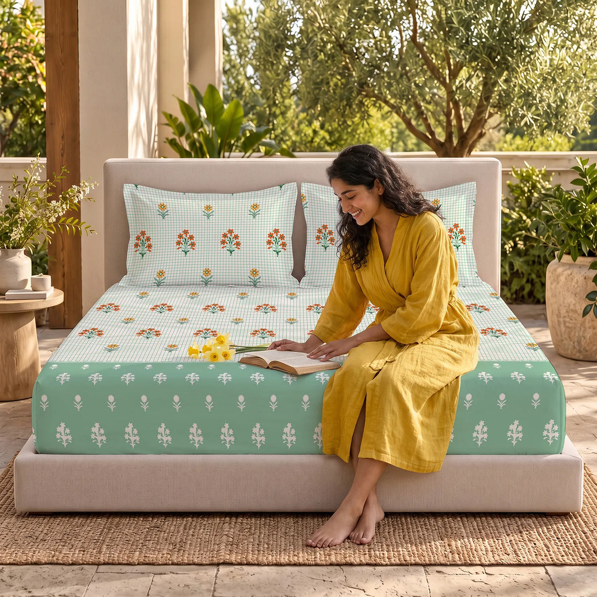 Divine Collection - Cotton Bedsheet With 2 Pillow Covers, Magnolia Sage Green