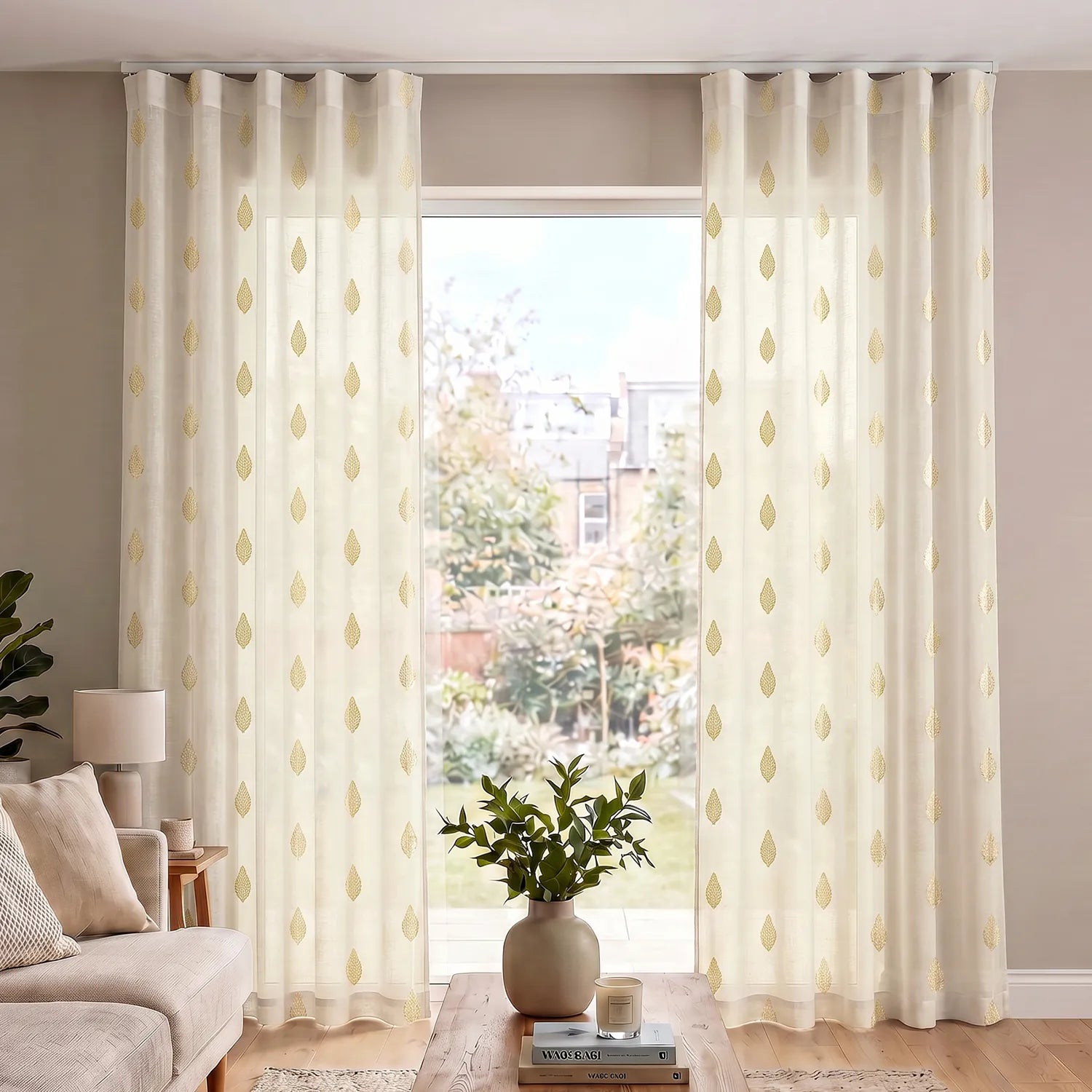 Linen Textured Metallic Gold Foil Sheer Curtains with Track Channel, Pack of 2 Curtains - Vanya Buttercream