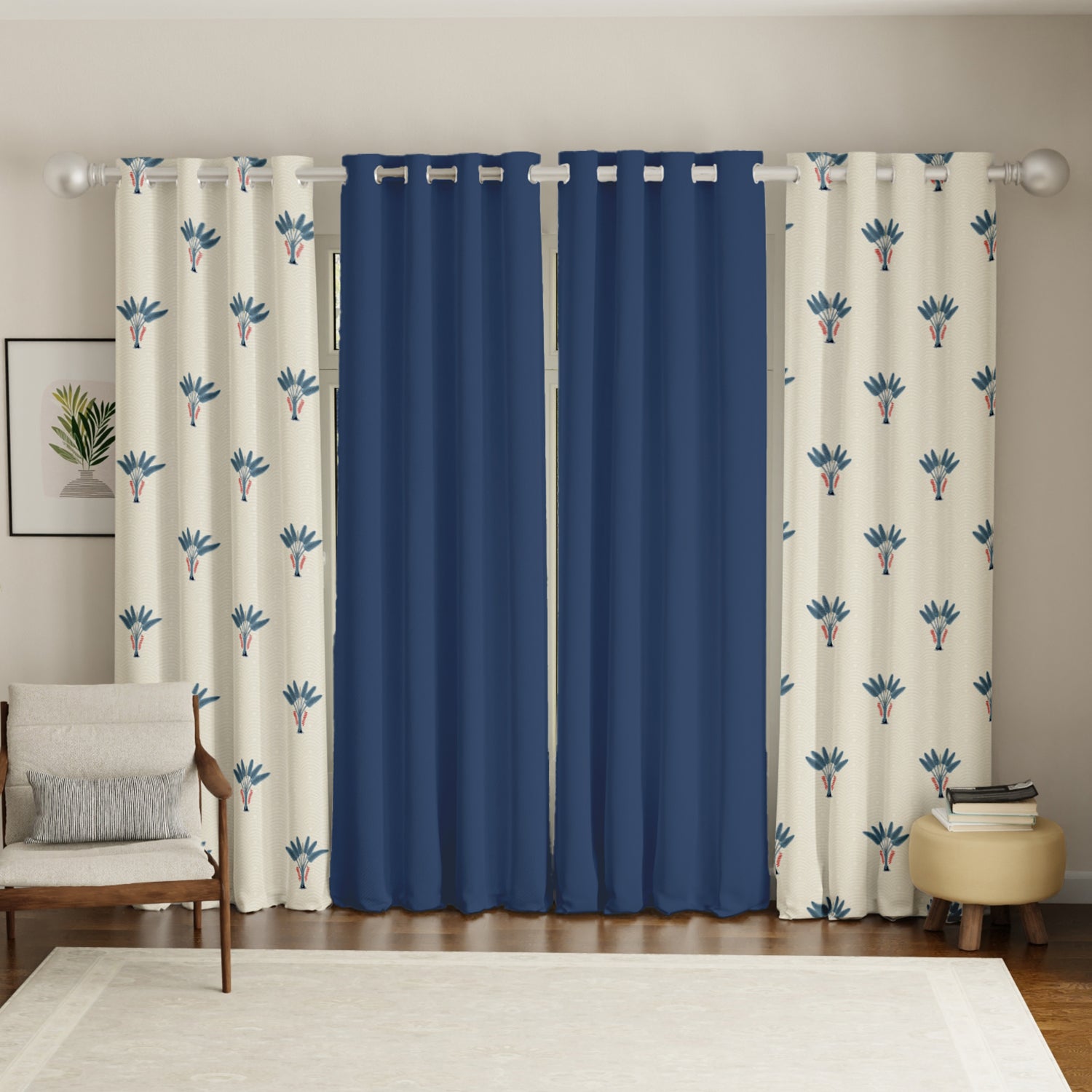 Cotton Curtains Combo, Set of 4 curtains, 60-65% Room Darkening Curtain - Palm Lagoon Indigo & Aura Indigo