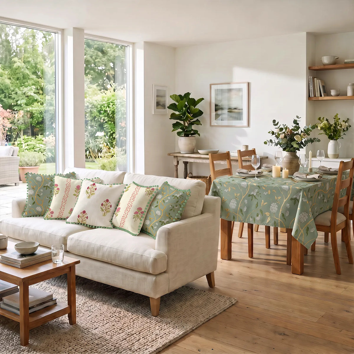 Table Cover + 5 Cushion Cover Combo Set, Zari Baagh Sage Green Gold
