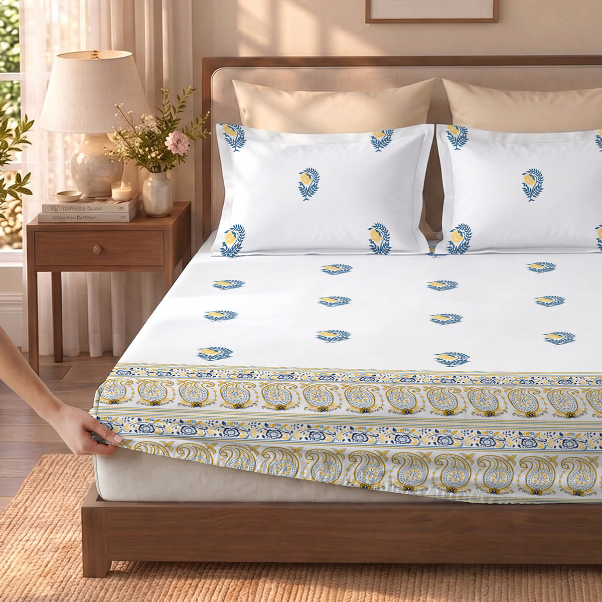 Fitted King Size 300TC Cotton Percale Bedsheet - Ethnic Motif - Yellow