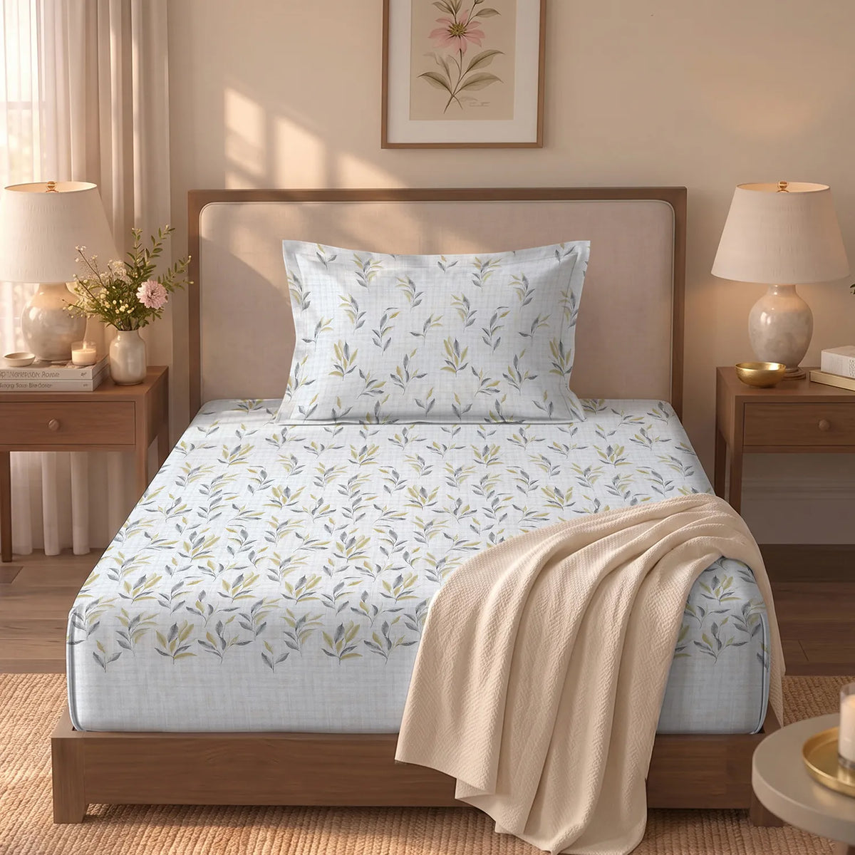 Serene 300 TC 100% Cotton Single Bedsheet with Pillow Covers - Balcony Grey