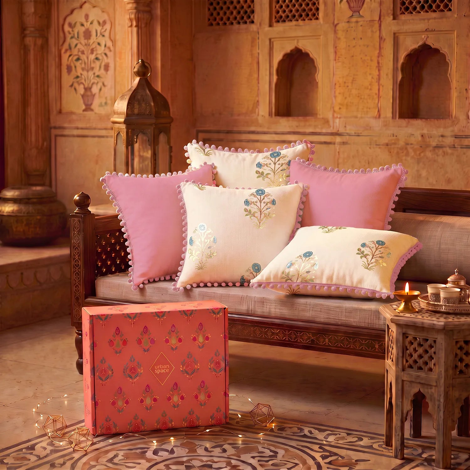 Set of 5 Foil Printed Cotton Cushion Covers in Giftbox - Zari & Aura Dusty Pink