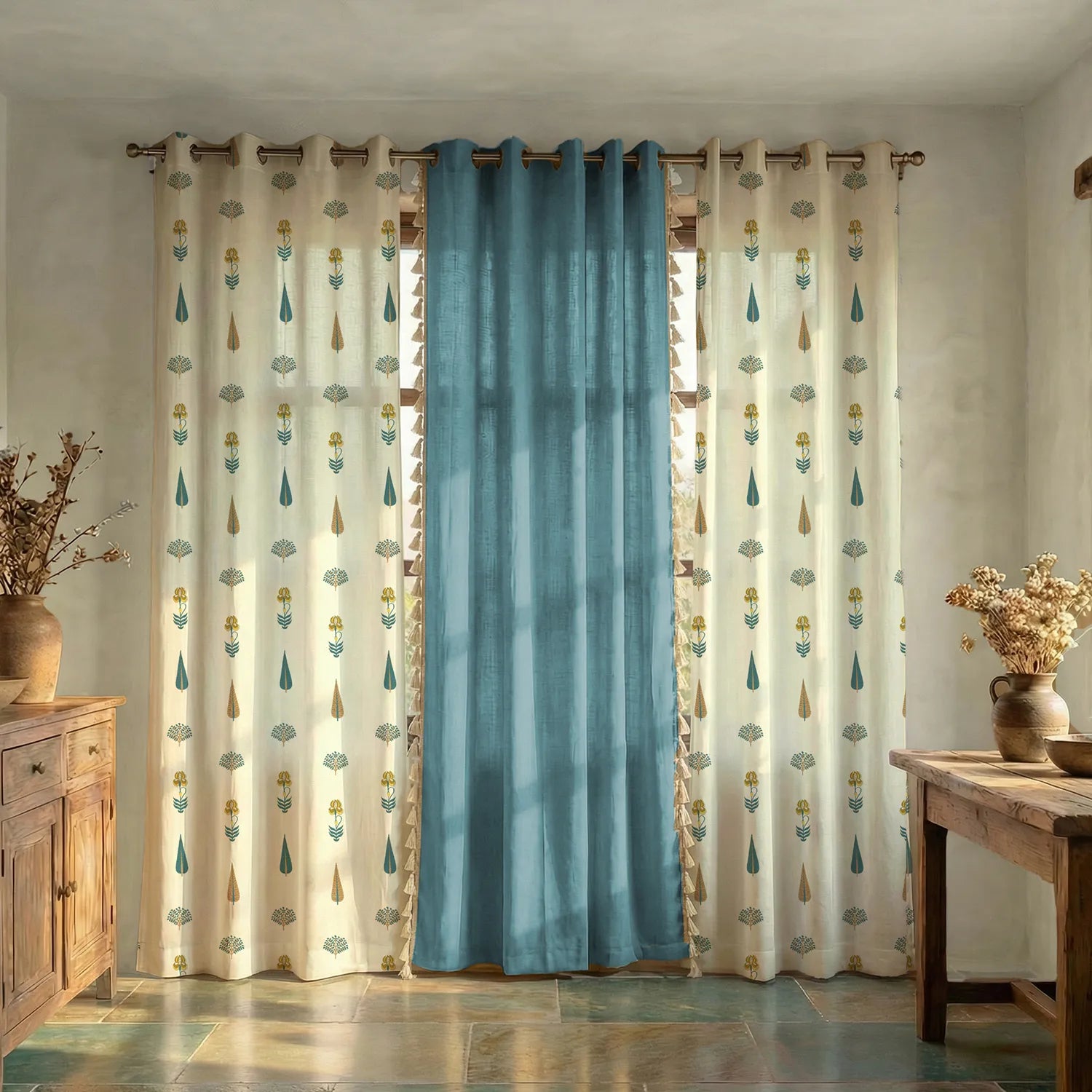 Cotton Curtains Combo, Set of 3 curtains, 60-65% Room Darkening Curtain - Orchard & Aura Dusty Blue