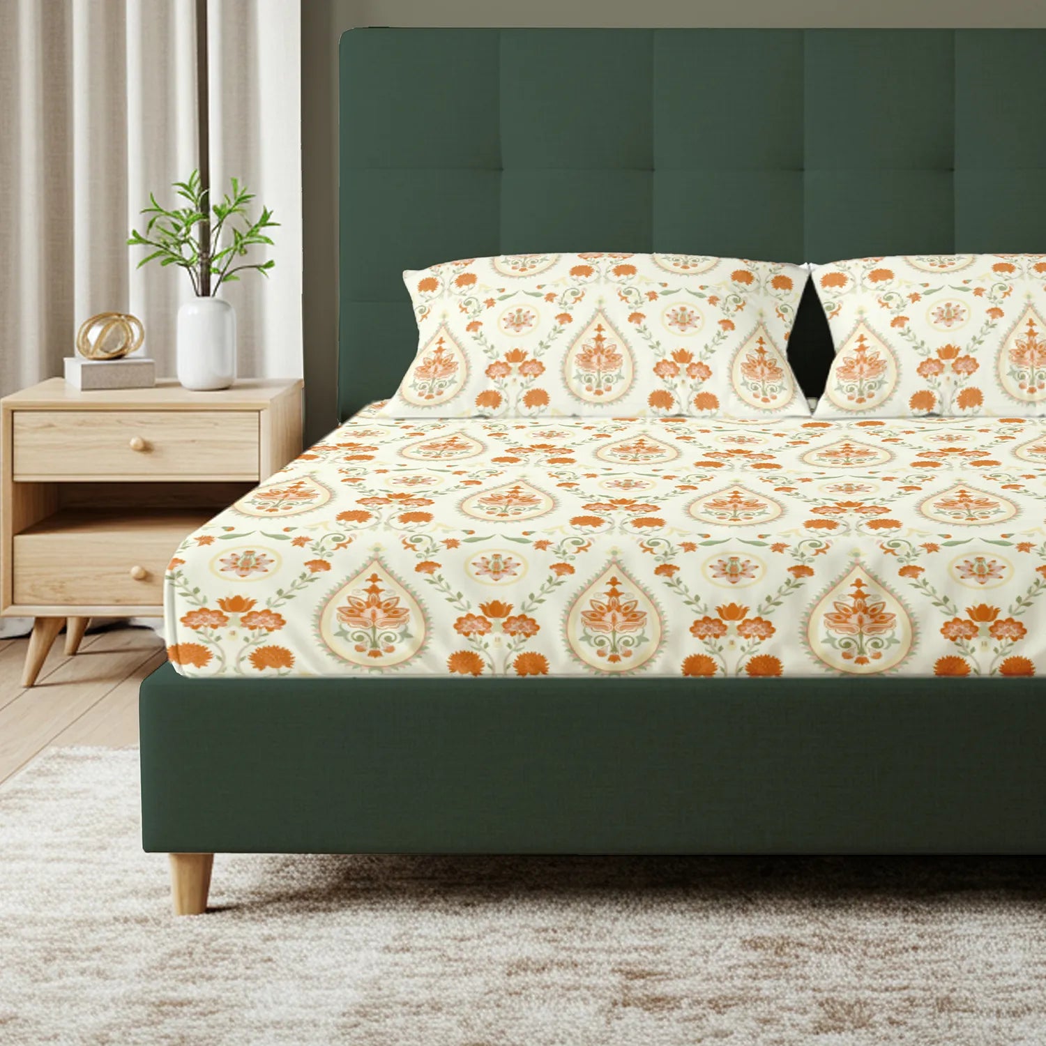 Serene 200 TC 100% Cotton Bedsheet with Pillow Covers - Persian Courtyard Buttercream