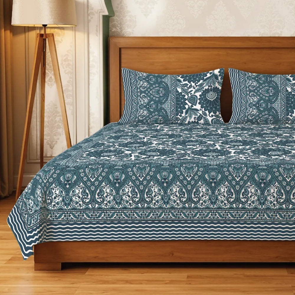 Rajasthani Ethnic 100% Cotton Bedsheet with 2 Pillow Covers, Double & King Bed - Morbagh