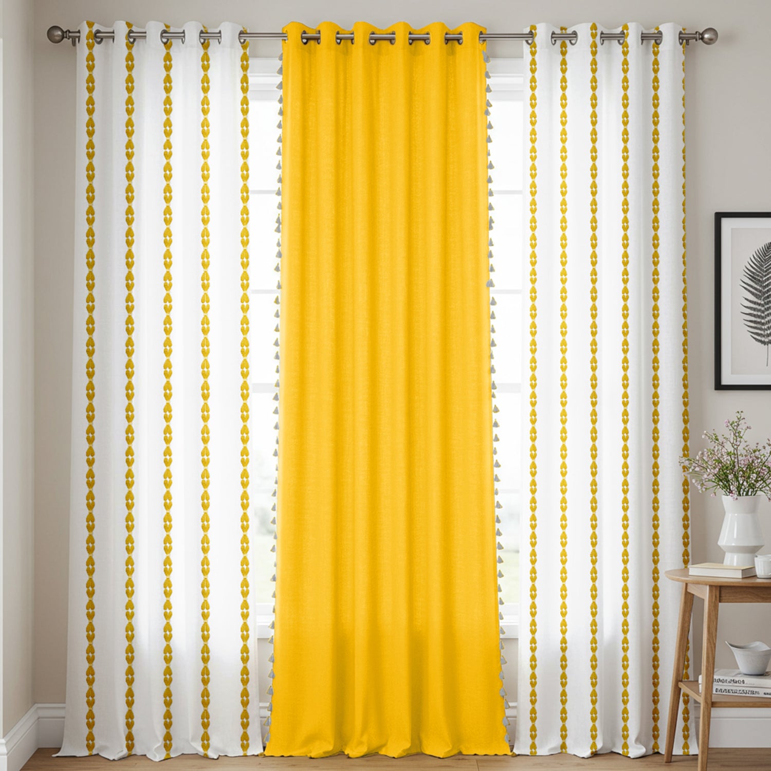Cotton Curtains Combo, Set of 3 curtains, 60-65% Room Darkening Curtain - Aura Yellow