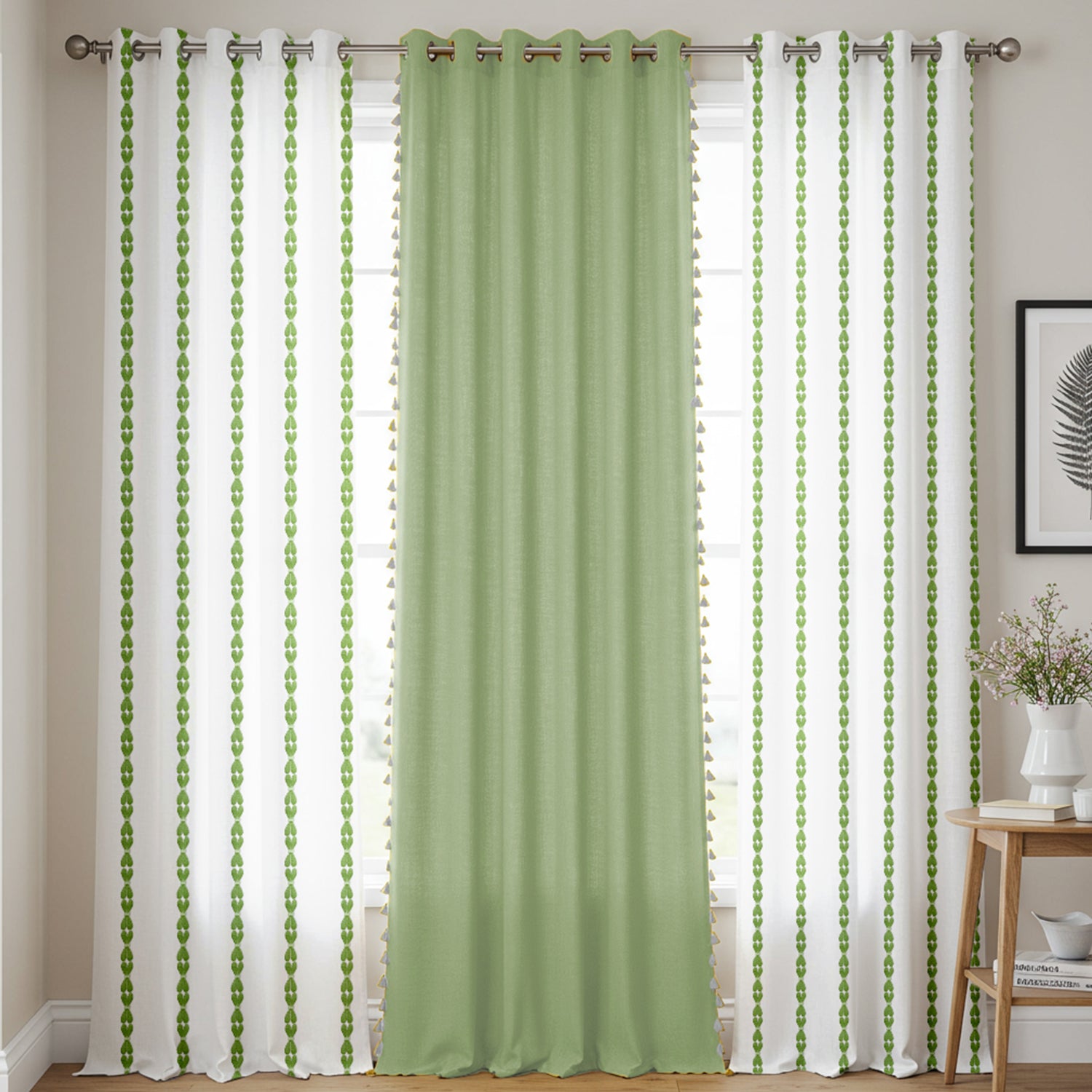 Cotton Curtains Combo, Set of 3 curtains, 60-65% Room Darkening Curtain - Aura Sage Green