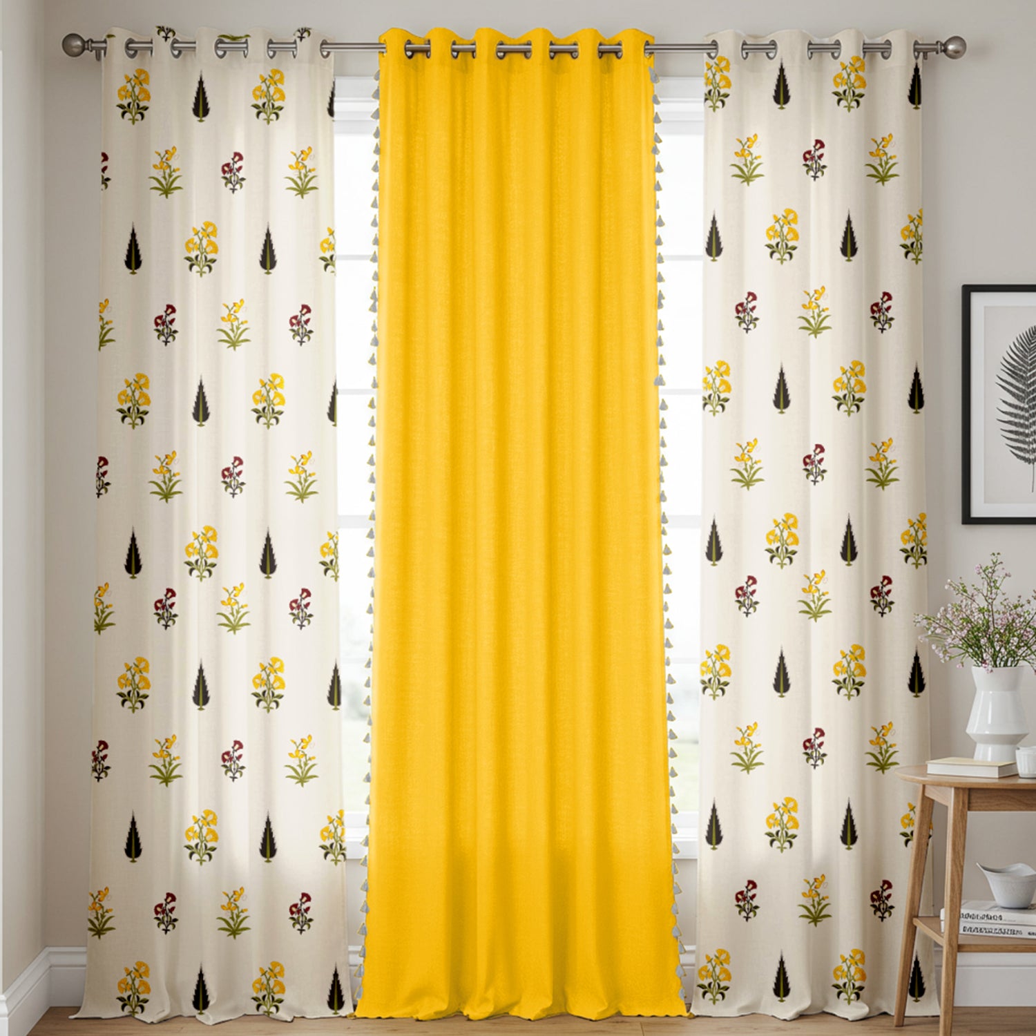 Cotton Curtains Combo, Set of 3 curtains, 60-65% Room Darkening Curtain - High Garden & Aura Yellow