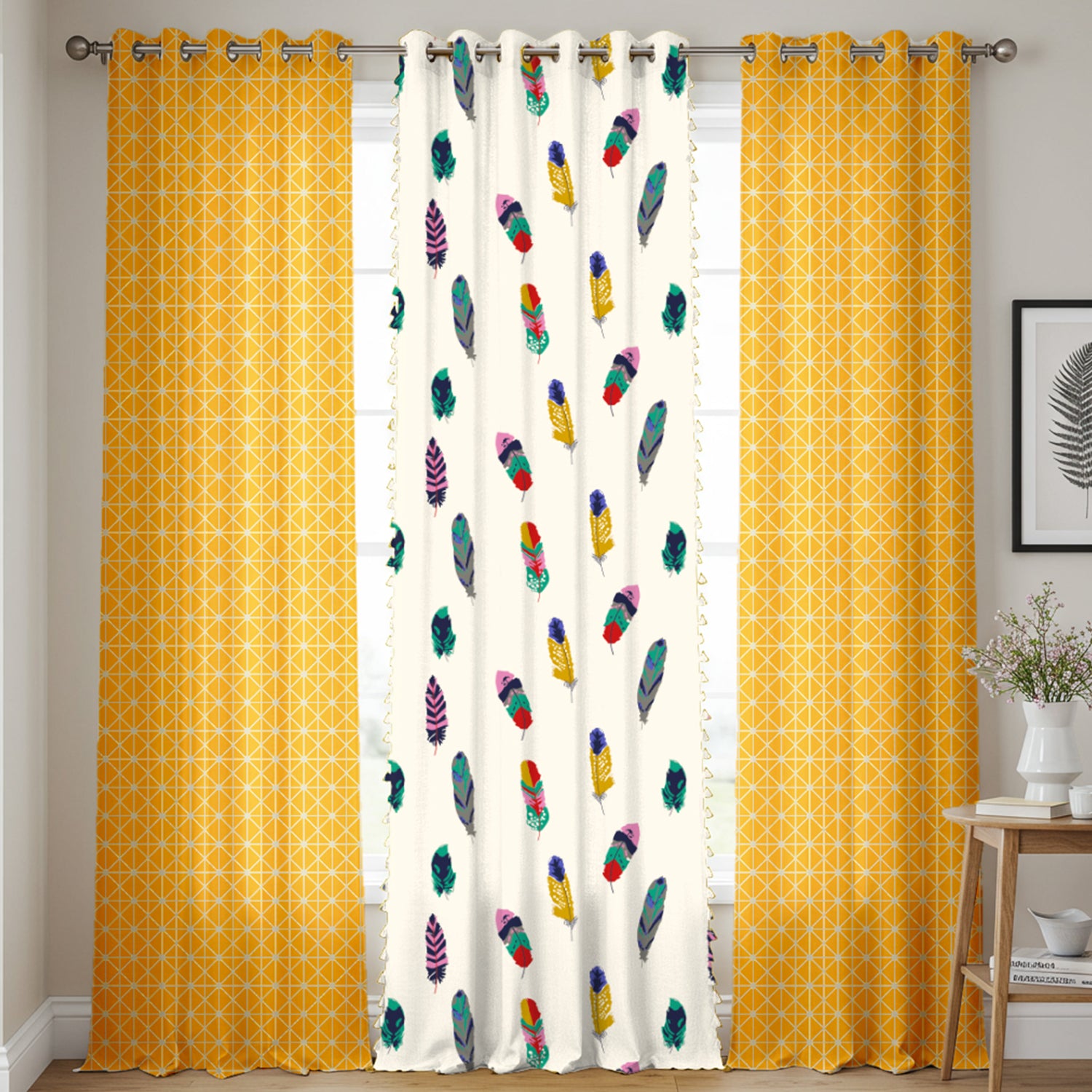 Cotton Curtains Combo, Set of 3 curtains, 60-65% Room Darkening Curtain - Yellow Star & Dream Catcher