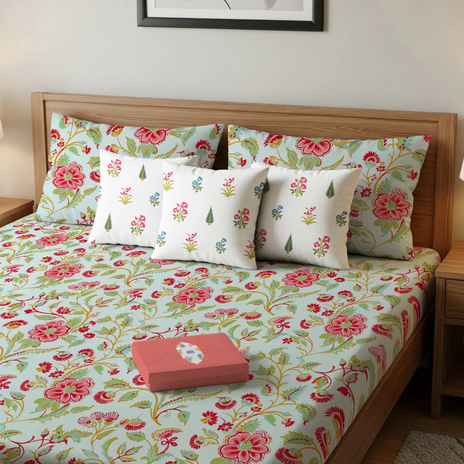 Cotton Double Bedsheet with 3 Cushion Covers in Gift Box Set, Monsoon Skyblue