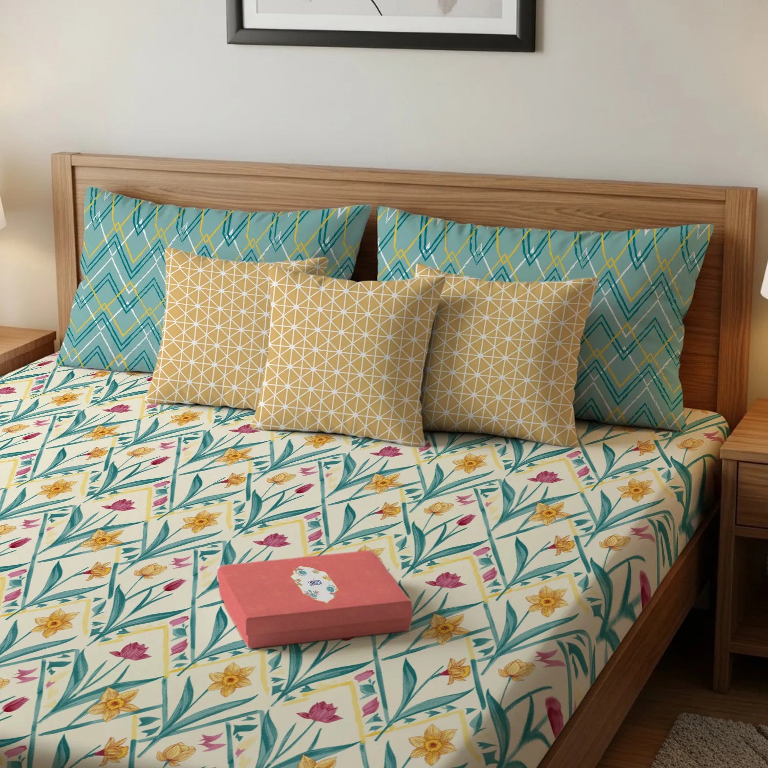 Cotton Double Bedsheet with 3 Cushion Covers in Gift Box Set, Spring Turquoise