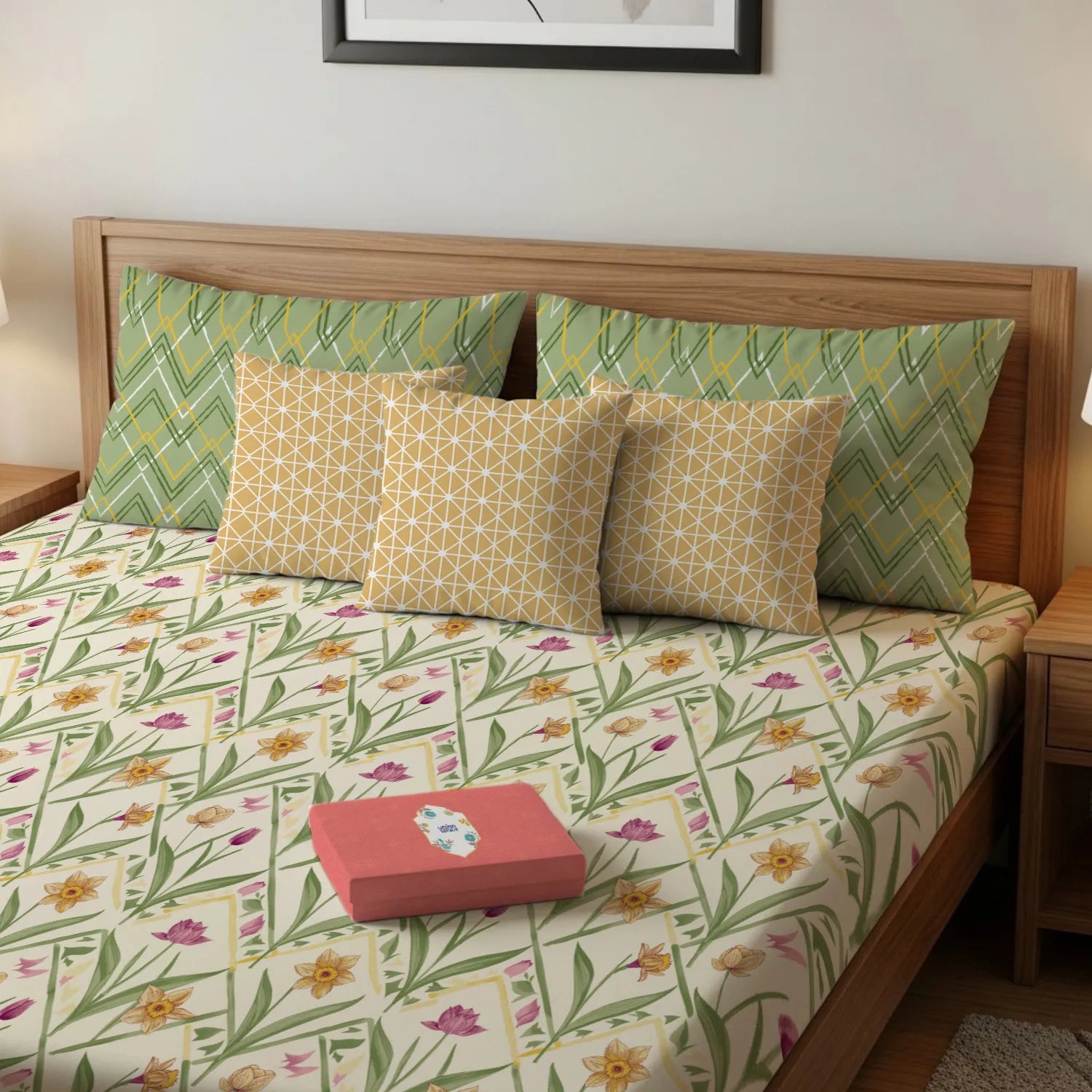 Cotton Double Bedsheet with 3 Cushion Covers in Gift Box Set, Spring Sage