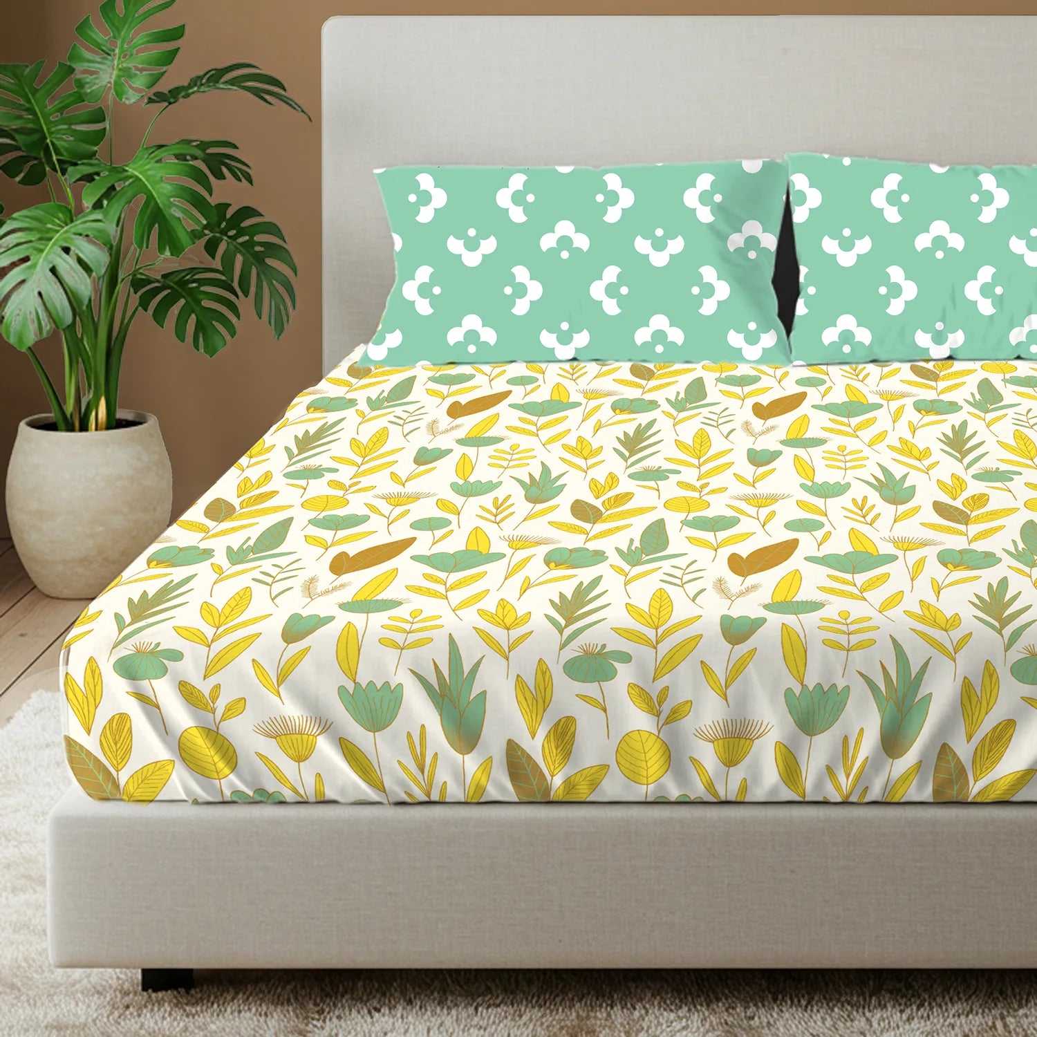 Divine Collection - Cotton Bedsheet With 2 Pillow Covers, Mist Mint Green