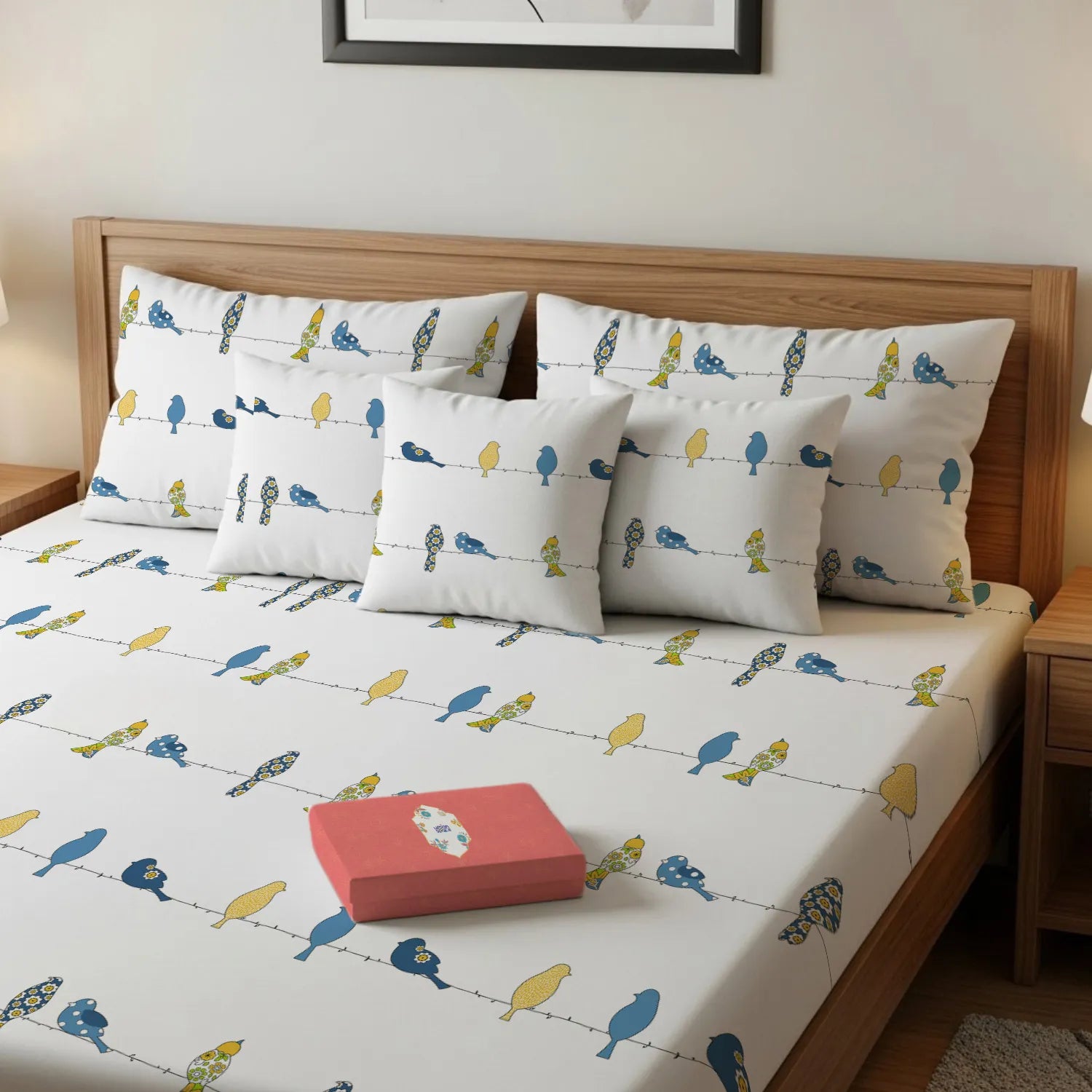 Cotton Double Bedsheet with 3 Cushion Covers in Gift Box Set, Humming Bird Blue