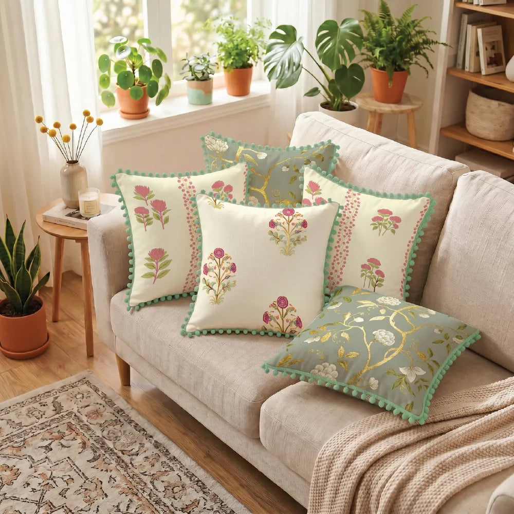 Festive Cushion Covers for Sofa & Couch, Set of 5 - Zari Mohar Pink Gold, Grove Pink, Zari Bagh Sage and Pom