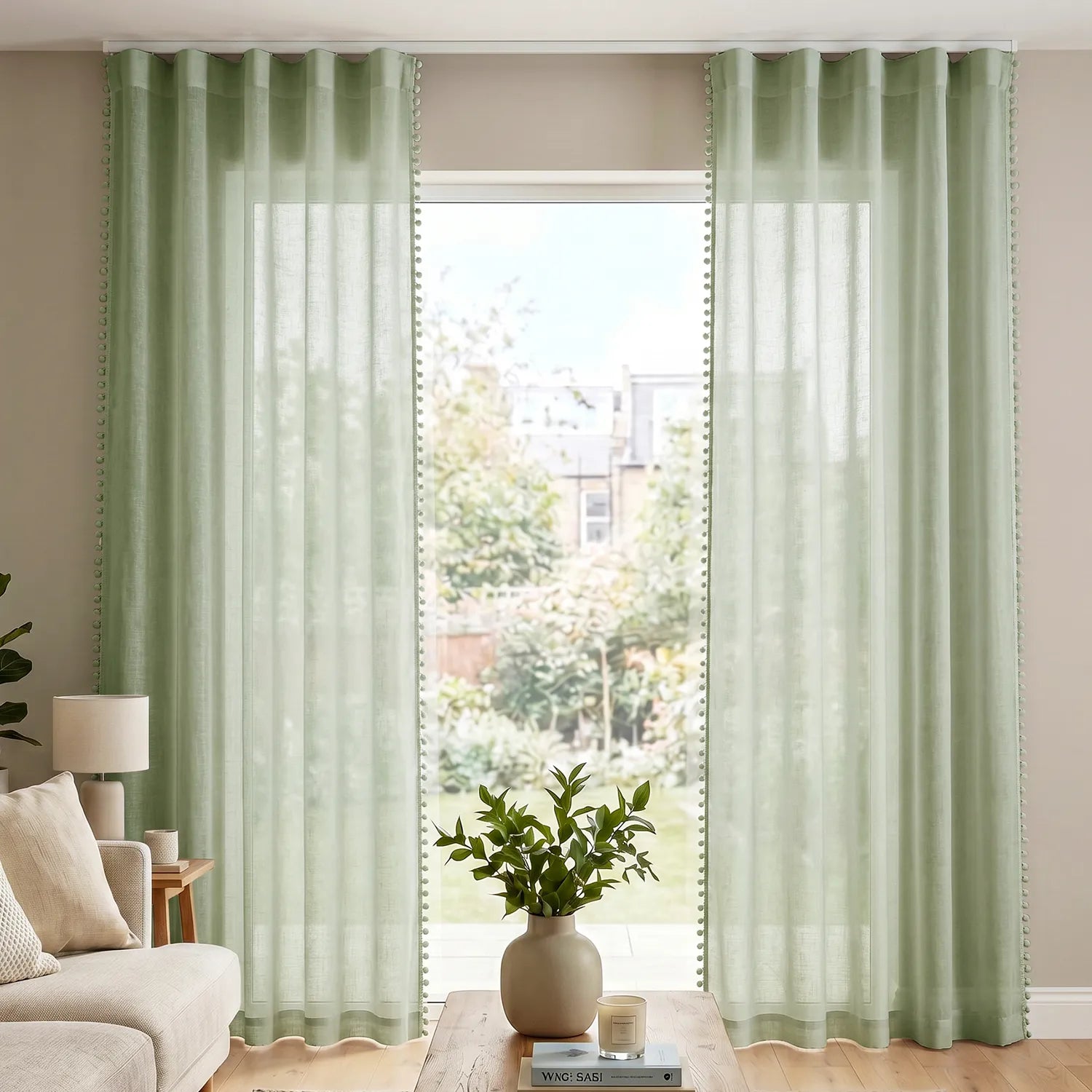 Sheer Curtain for Living Room with linen texture & Track Channel, Net Curtain for balcony, Pack of 2 Curtains -  Mint Green with pom pom
