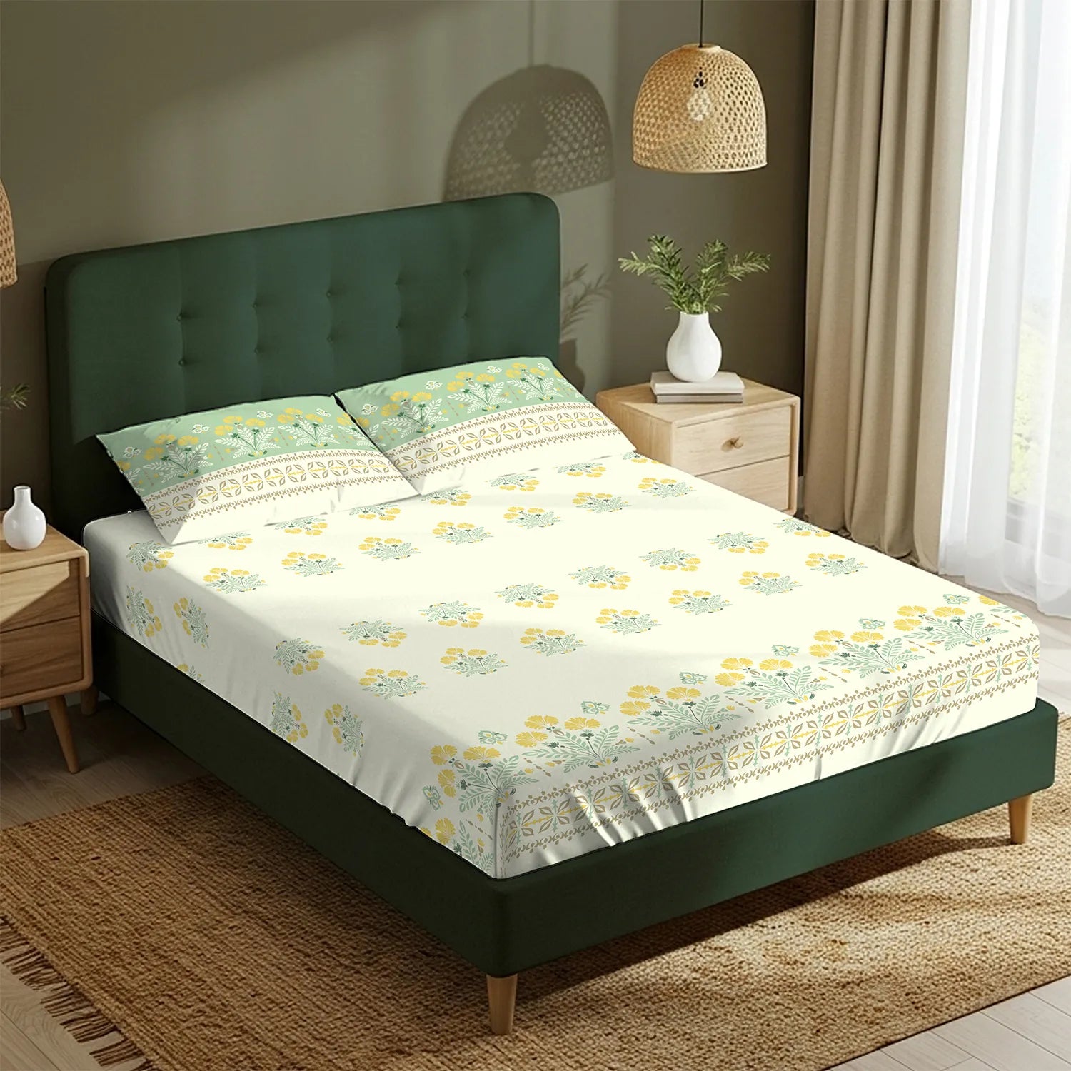 Fitted King Size Cotton Bedsheet - Malhaar Sage Green