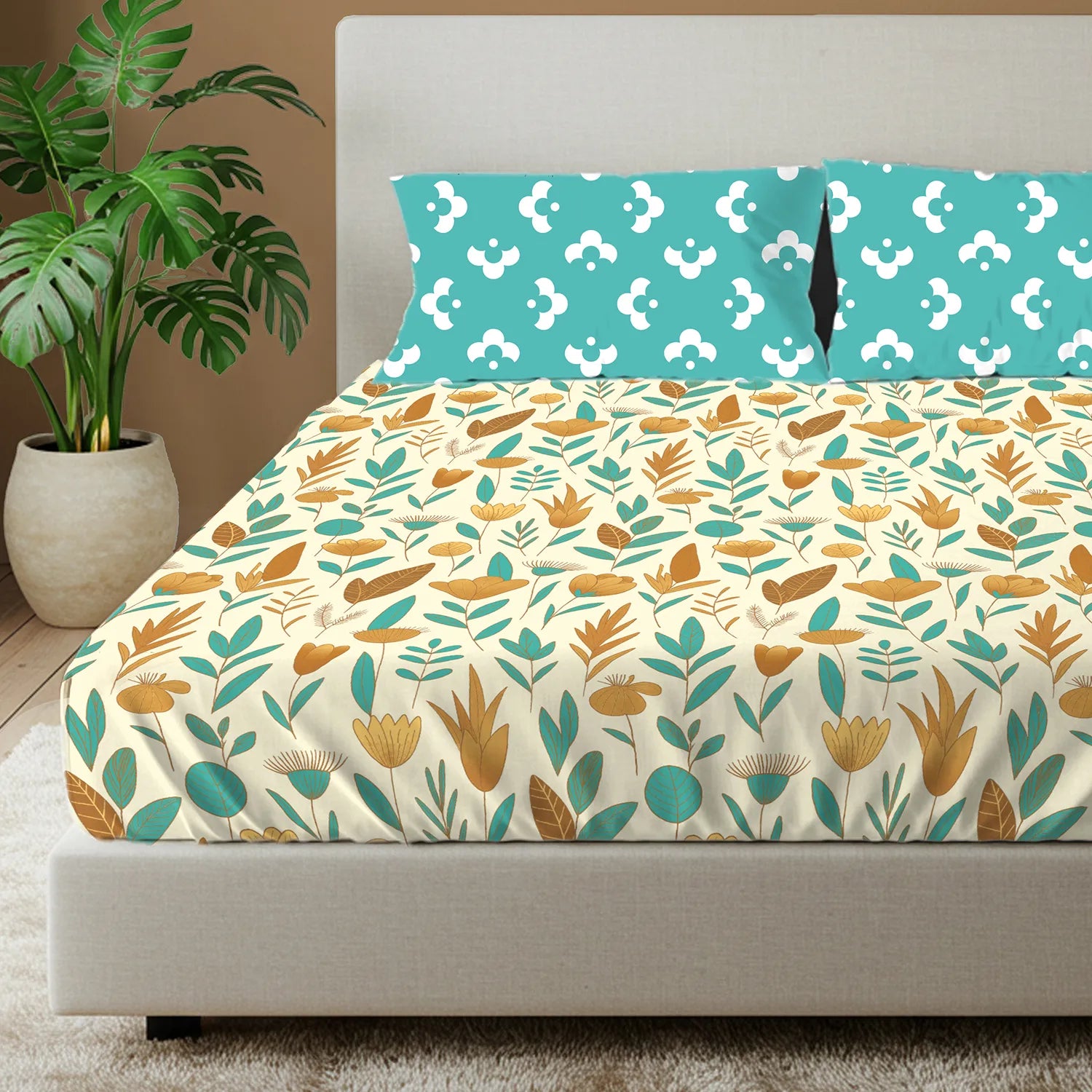 Divine Collection - Cotton Bedsheet With 2 Pillow Covers, Mist Teal Blue