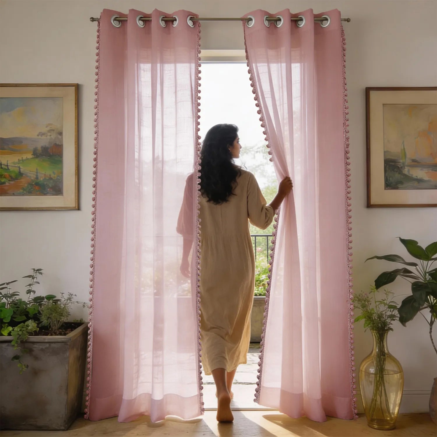 Sheer Curtain for Living Room with linen texture, Net Curtain for balcony, Pack of 2 Curtains - Blush Pink with pom pom